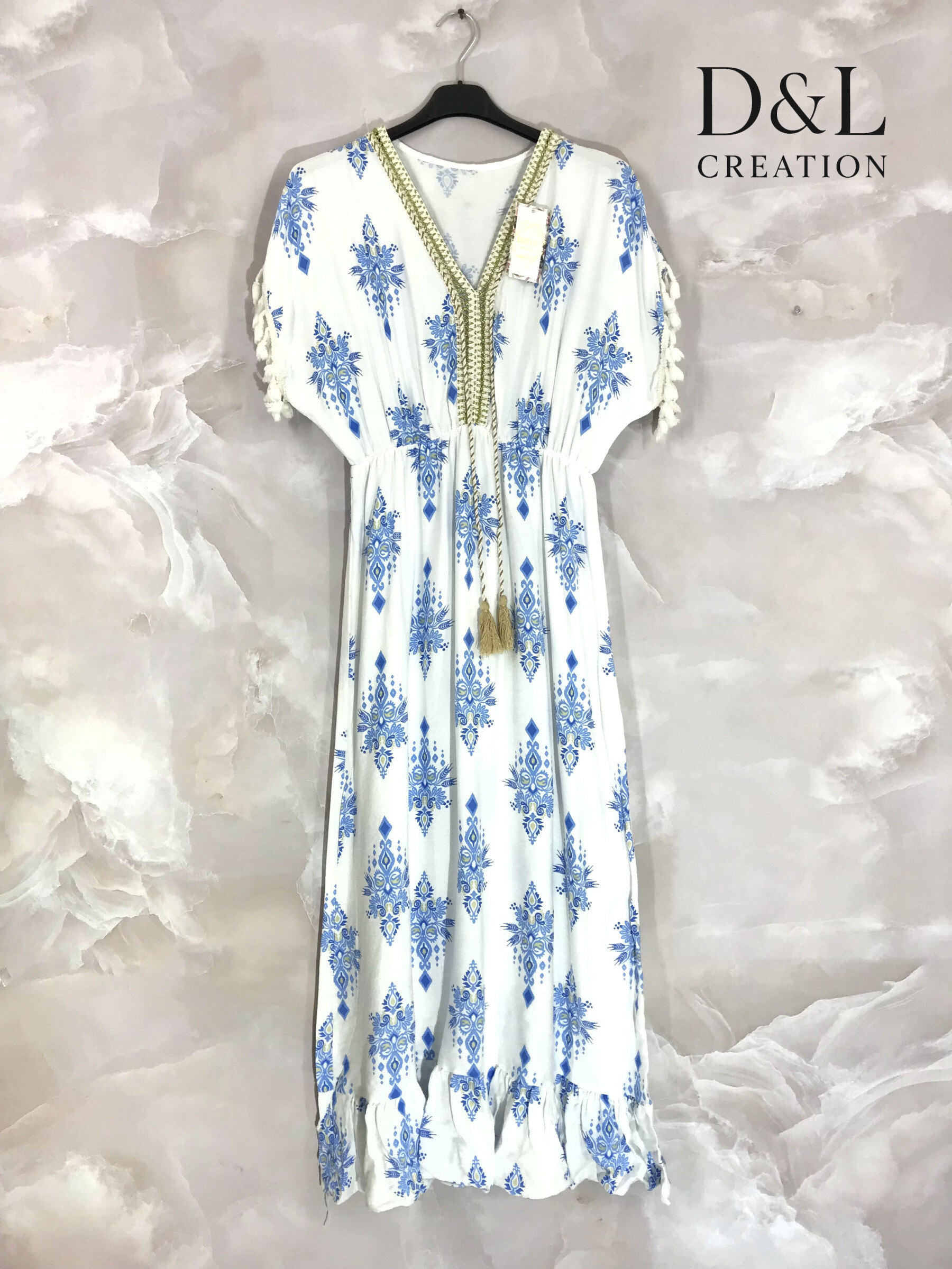 Mayorista D&L CREATION - Vestido bohemio impreso larga con pompones T36 a T46
