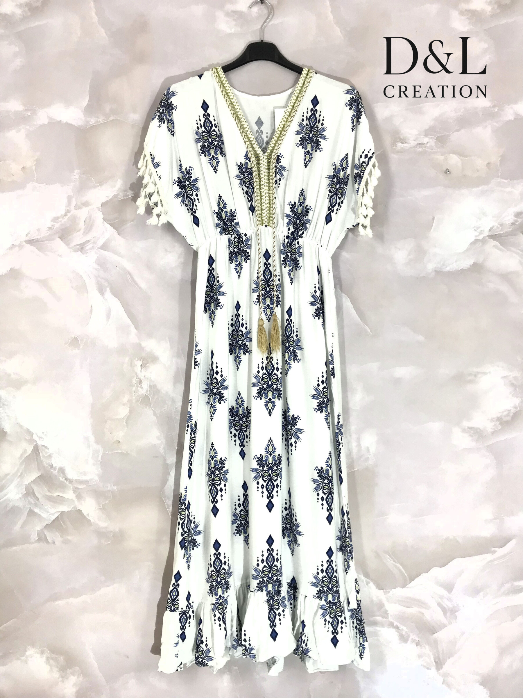 Mayorista D&L CREATION - Vestido bohemio impreso larga con pompones T36 a T46