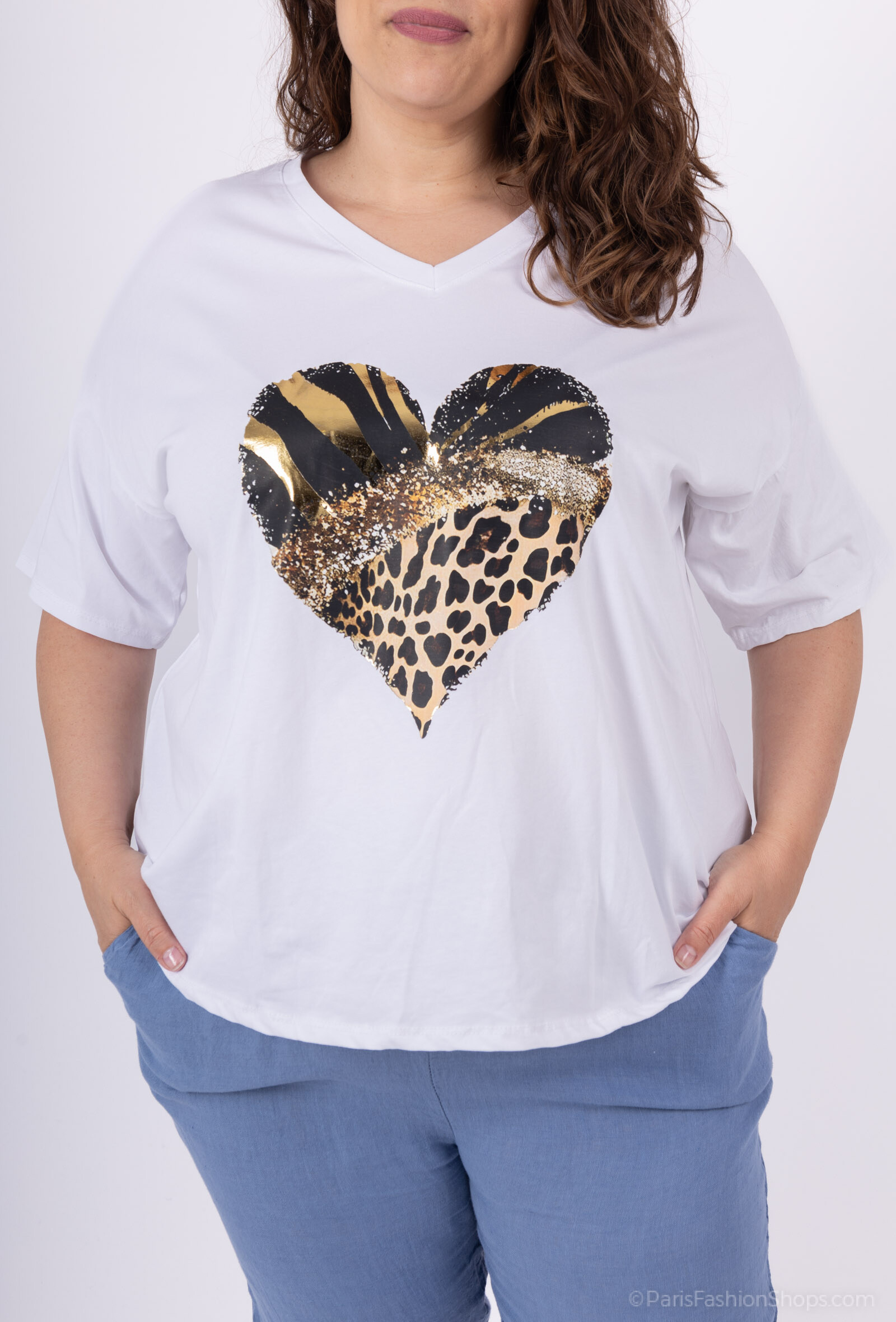 Grossiste D&L CREATION - T-shirt en col V grande taille en coton imprimé T40 à T56