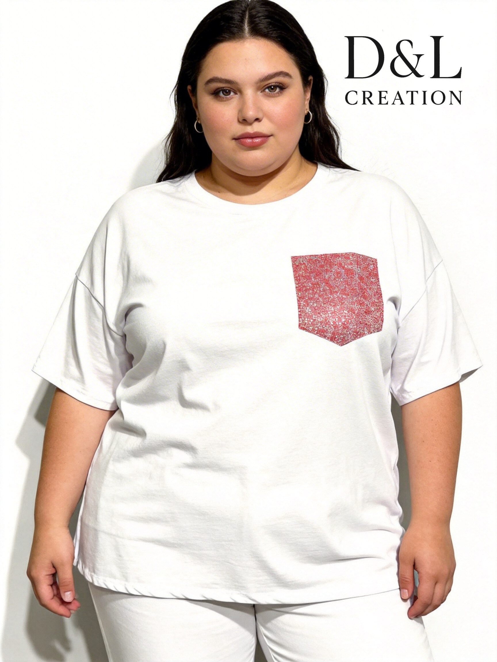 Grossiste D&L CREATION - T-shirt coton avec fausse poche en strass T40 à T54