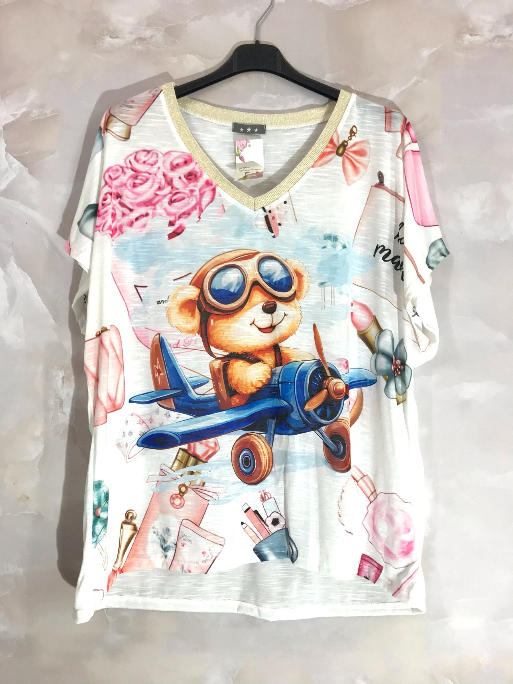 Großhändler D&L CREATION - T-Shirt mit goldener glitzernder Band in T38 gedrucktem T38 bis T50 gedruckt