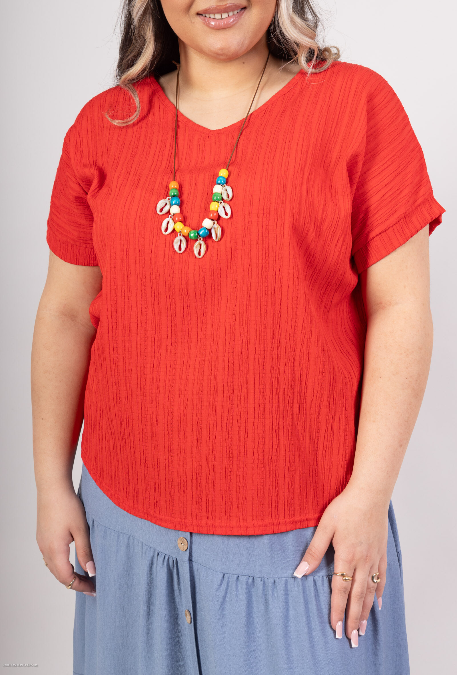 Grossiste D&L CREATION - Top en col V uni en tissu à relief avec collier