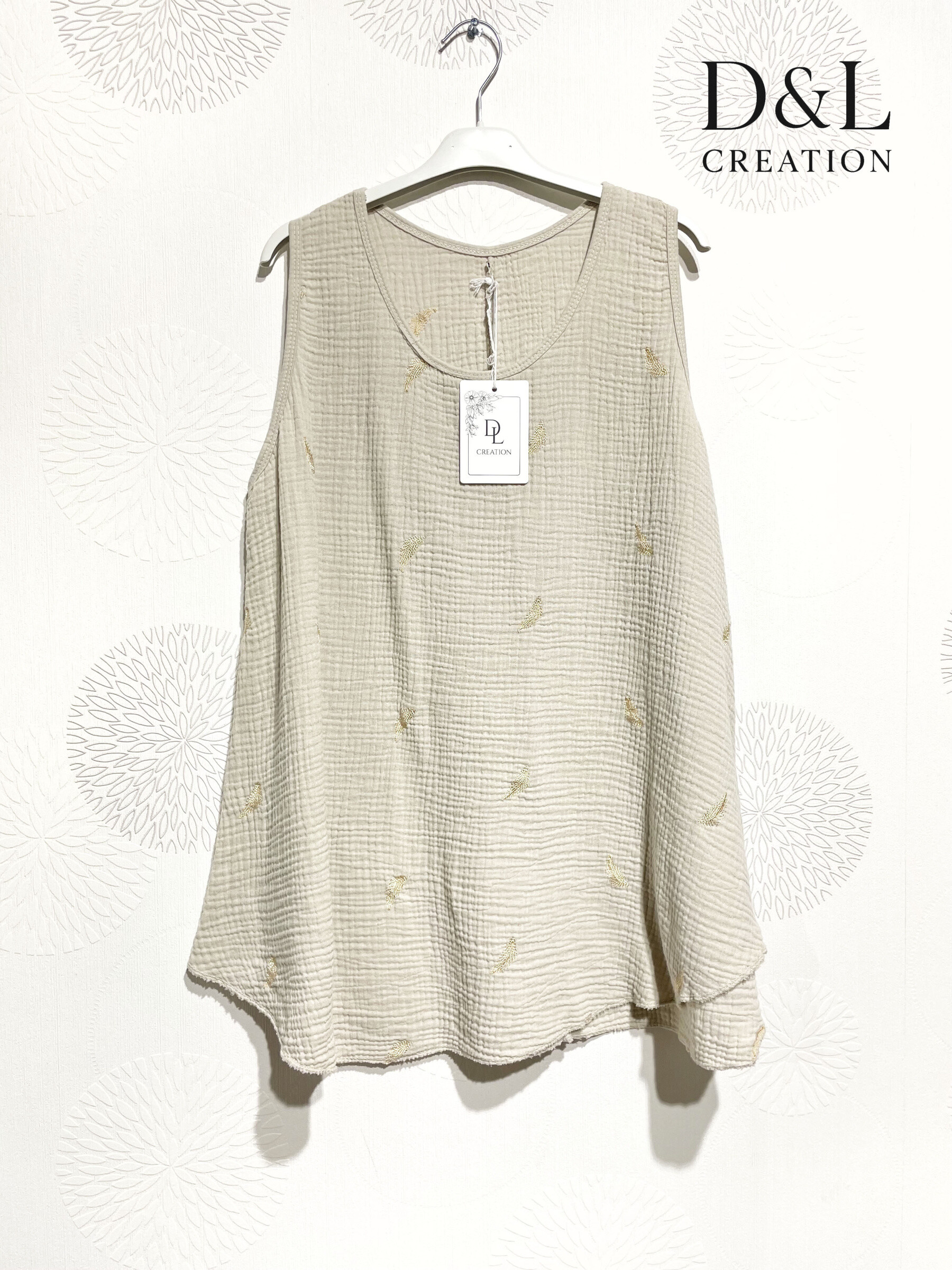 Grossiste D&L CREATION - Top double gaze de coton broderie plumes T38 à T48
