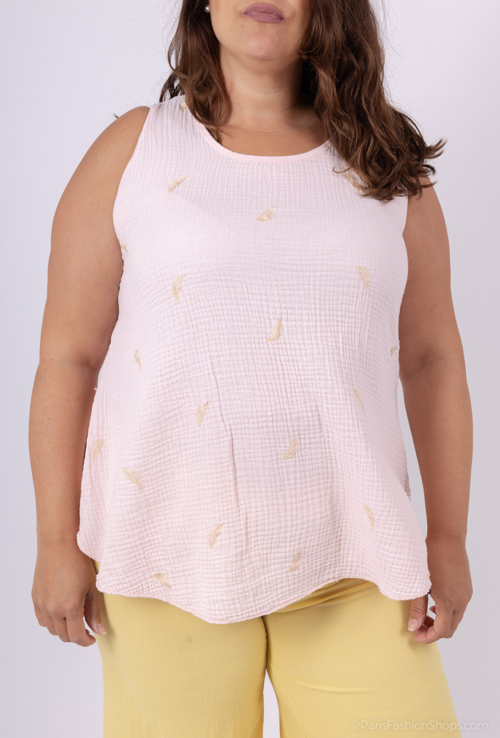 Grossiste D&L CREATION - Top double gaze de coton broderie plumes T38 à T48