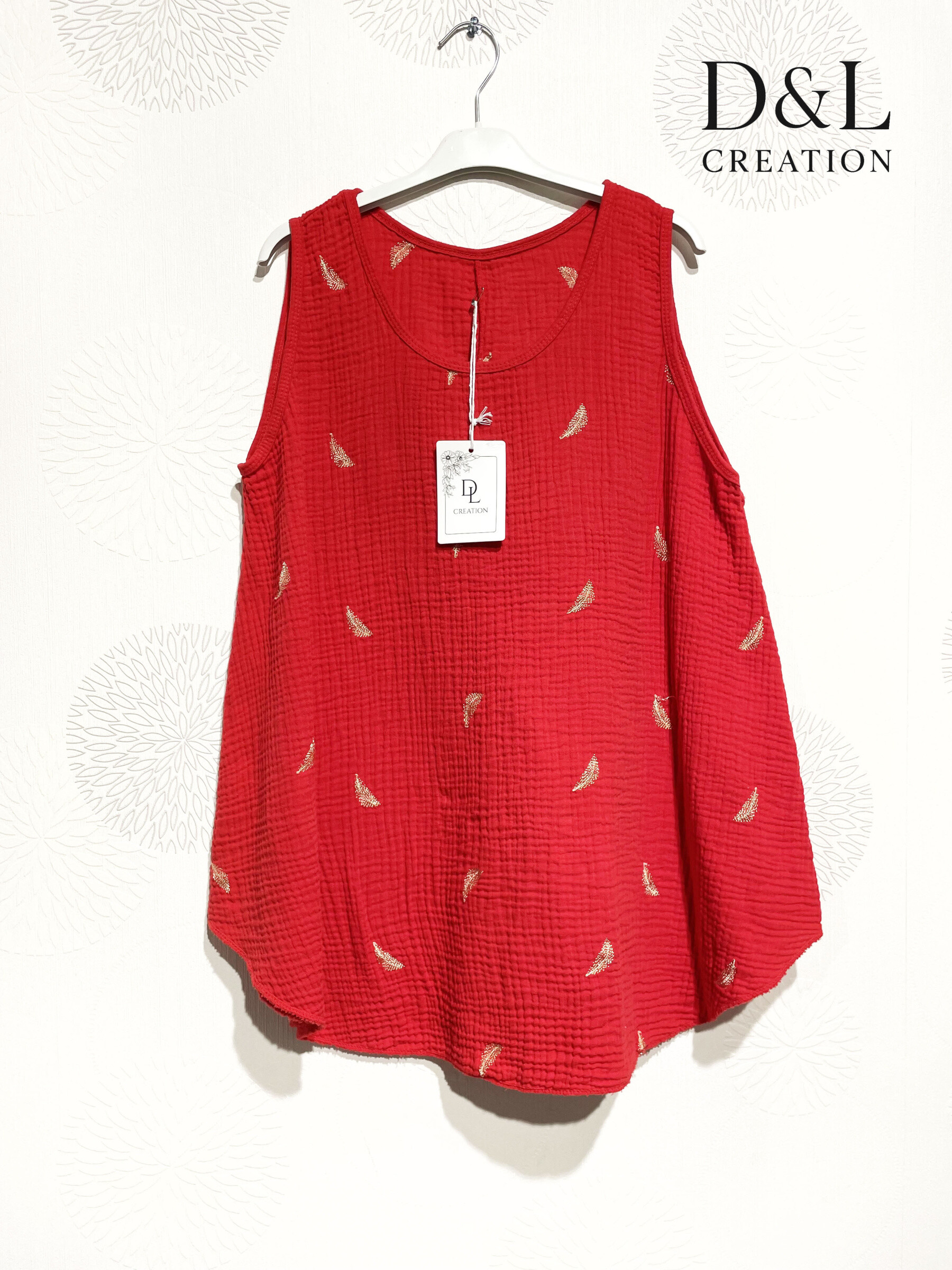 Mayorista D&L CREATION - Top de doble gasa de algodón con bordado de plumas talla 38 a 48