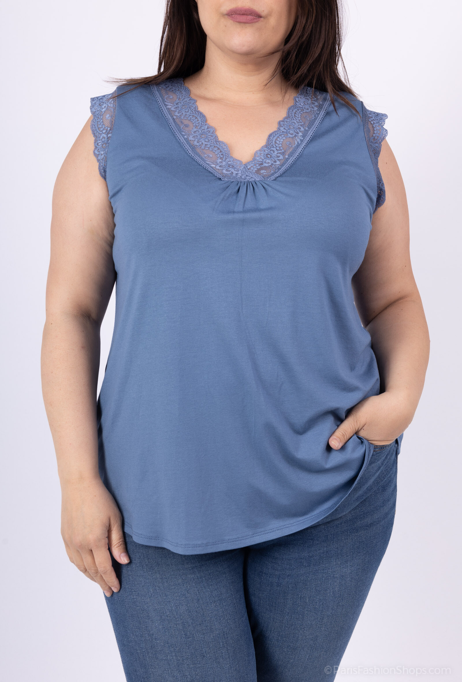 Grossiste D&L CREATION - Top basique ultra stretch avec dentelle col V T38 à T52