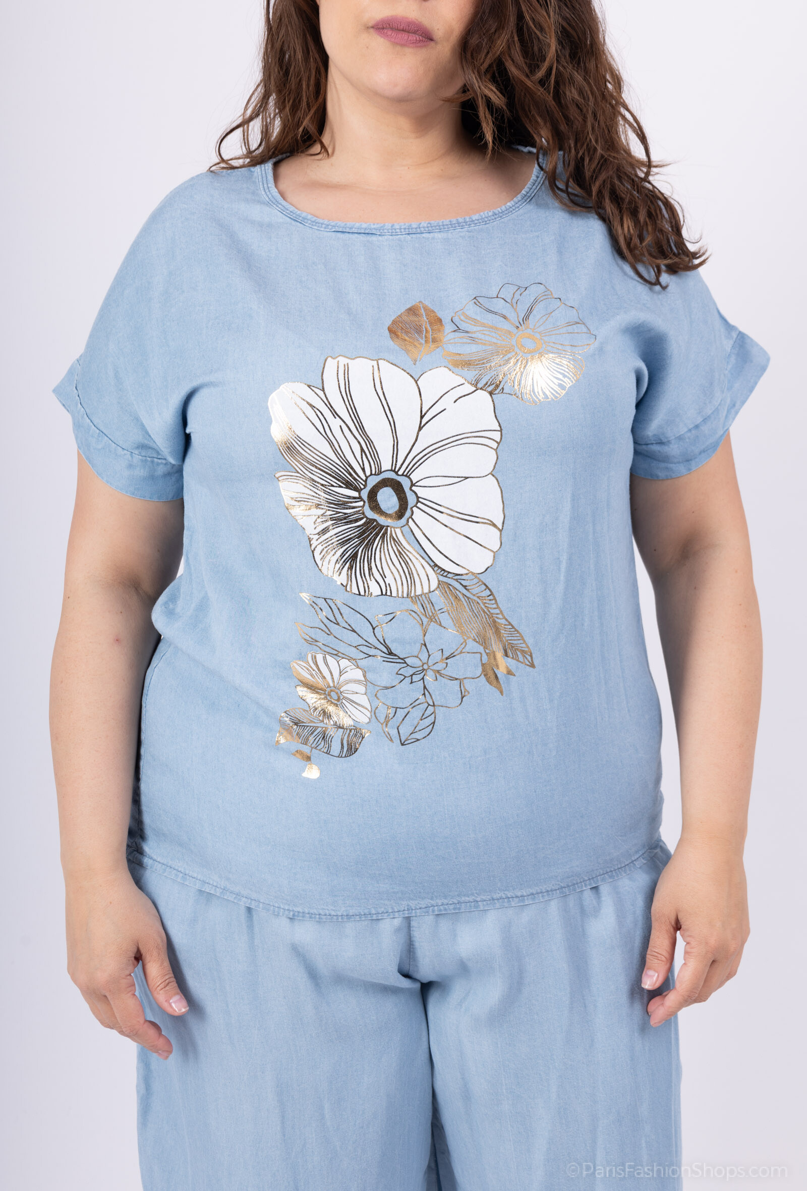 Grossista D&L CREATION - Top -jeans da tenncel con fiori dorati stampati da t38 a t46