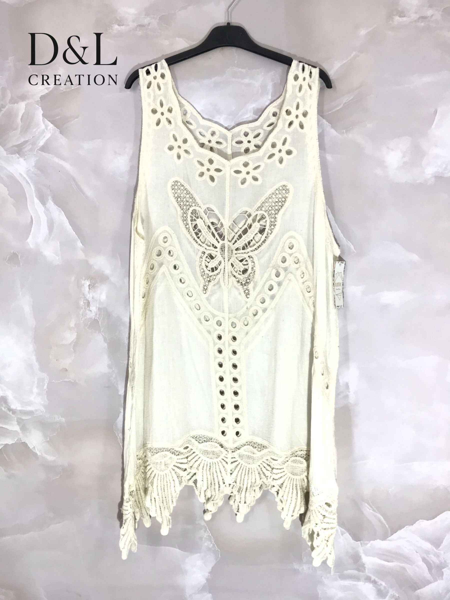 Grossiste D&L CREATION - Tunique sans manche dentelle papillon T38 à T44
