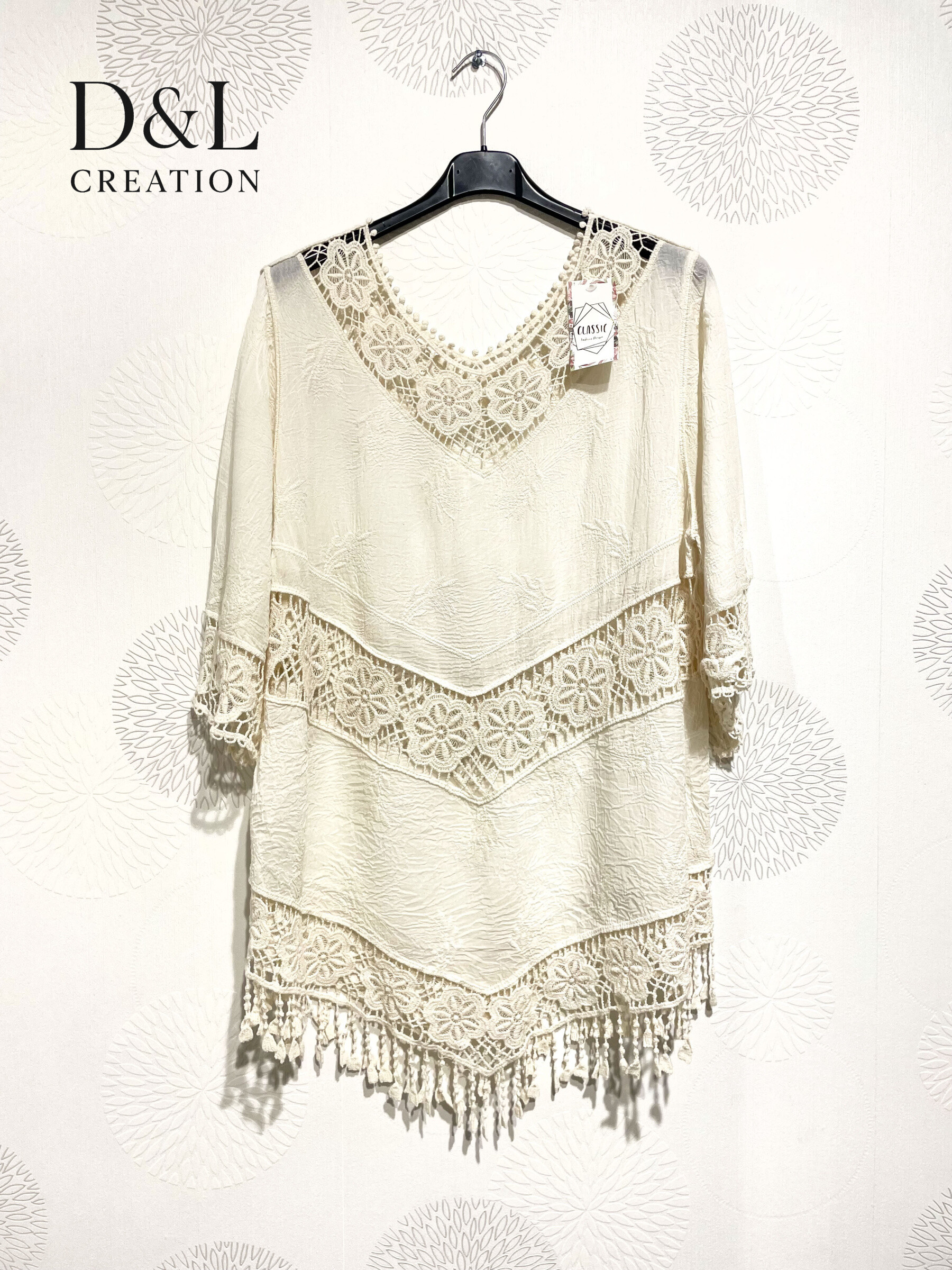 Grossiste D&L CREATION - Tunique avec dentelle et franges T38 à T48