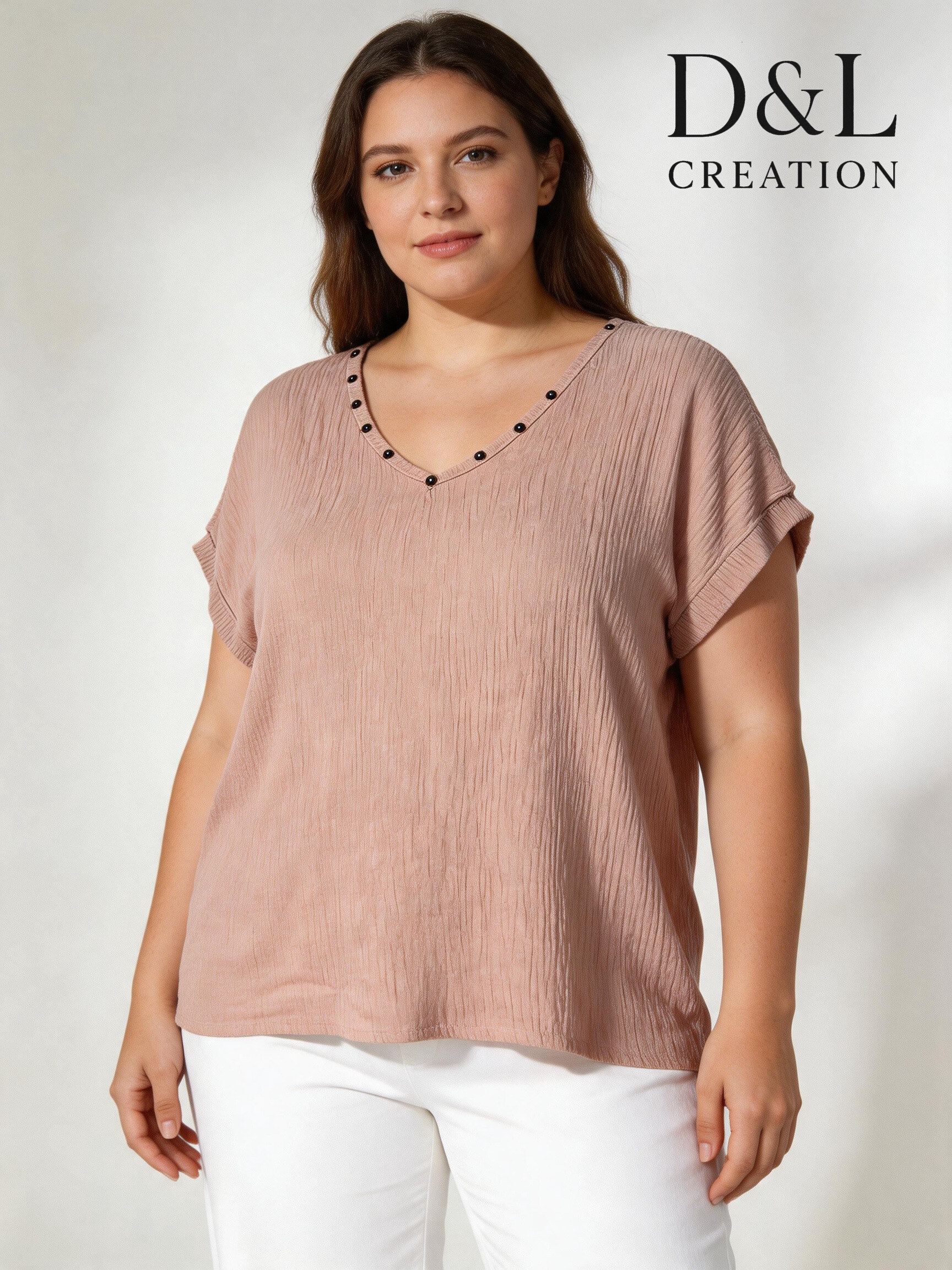 Wholesaler D&L CREATION - Tunic with studs on slightly shiny V-neck T38 to T50