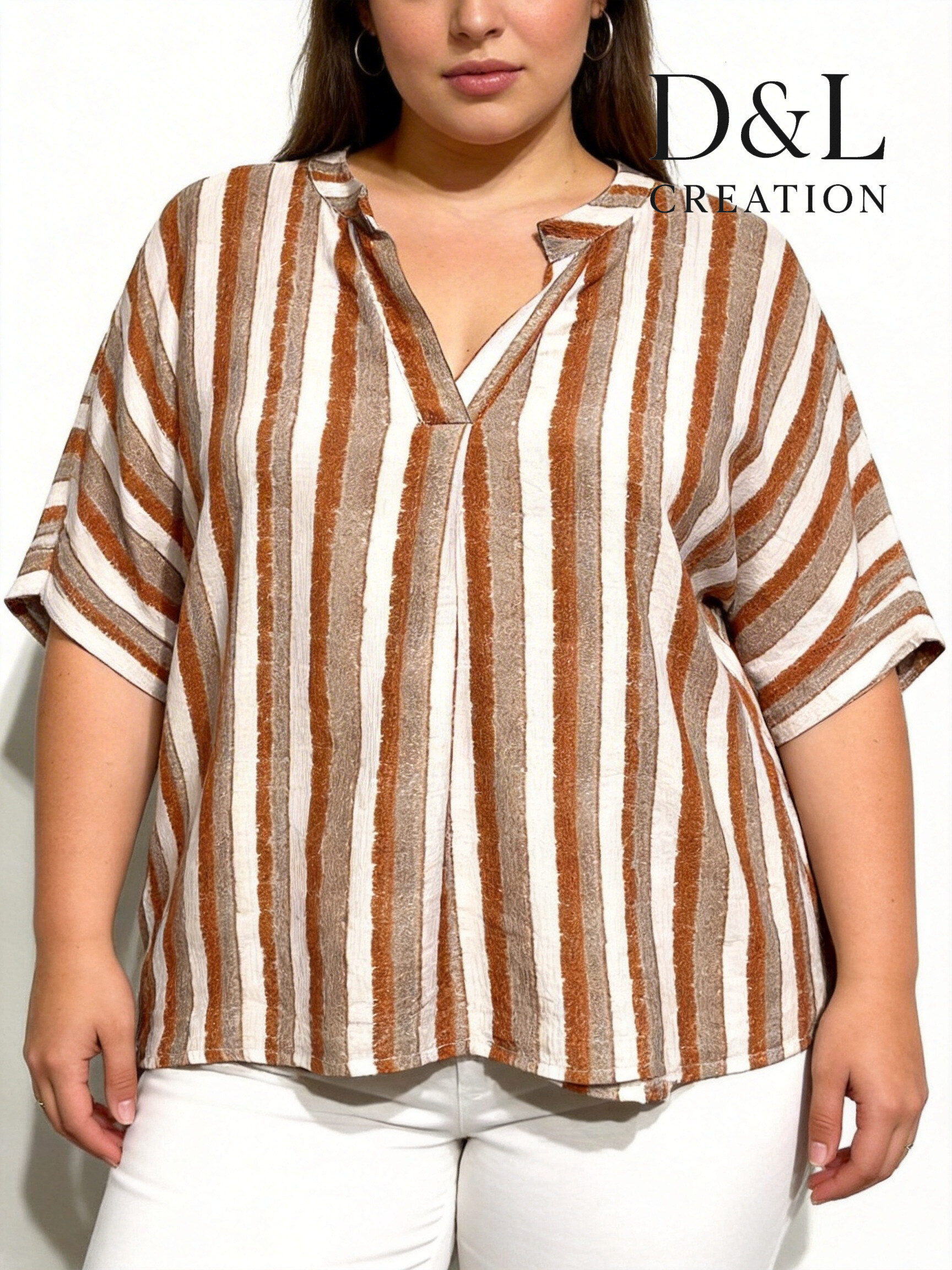Grossiste D&L CREATION - Blouse col V à rayures T40 à T54