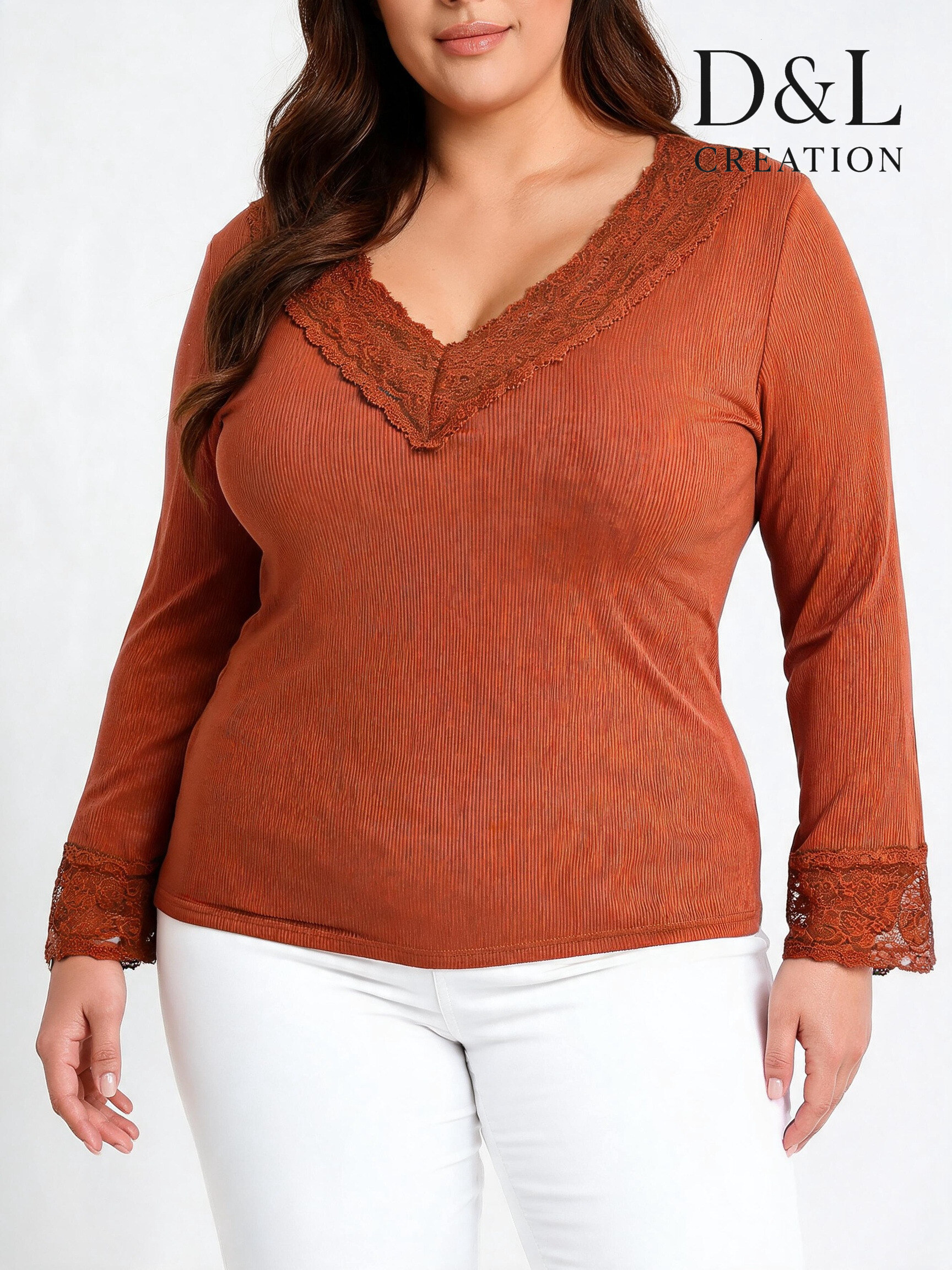 Wholesaler D&L CREATION - Plus size ribbed stretch tunic with lace V-neck T38 to T54