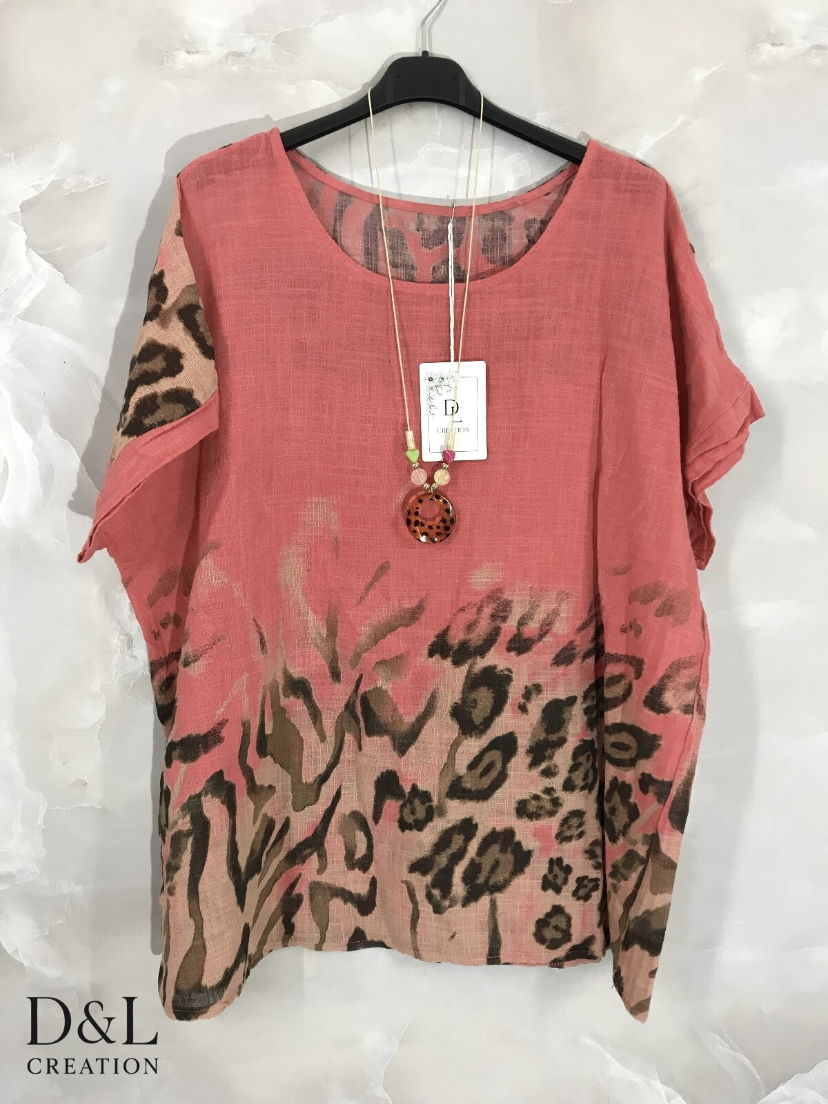 Mayorista D&L CREATION - Leopardo Túnica de algodón impreso con leopardo con cuello T32 T38 con collar