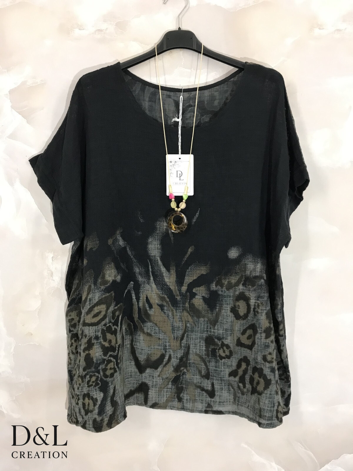 Grossiste D&L CREATION - Tunique coton effet lin imprimé léopard avec collier T38 à T52