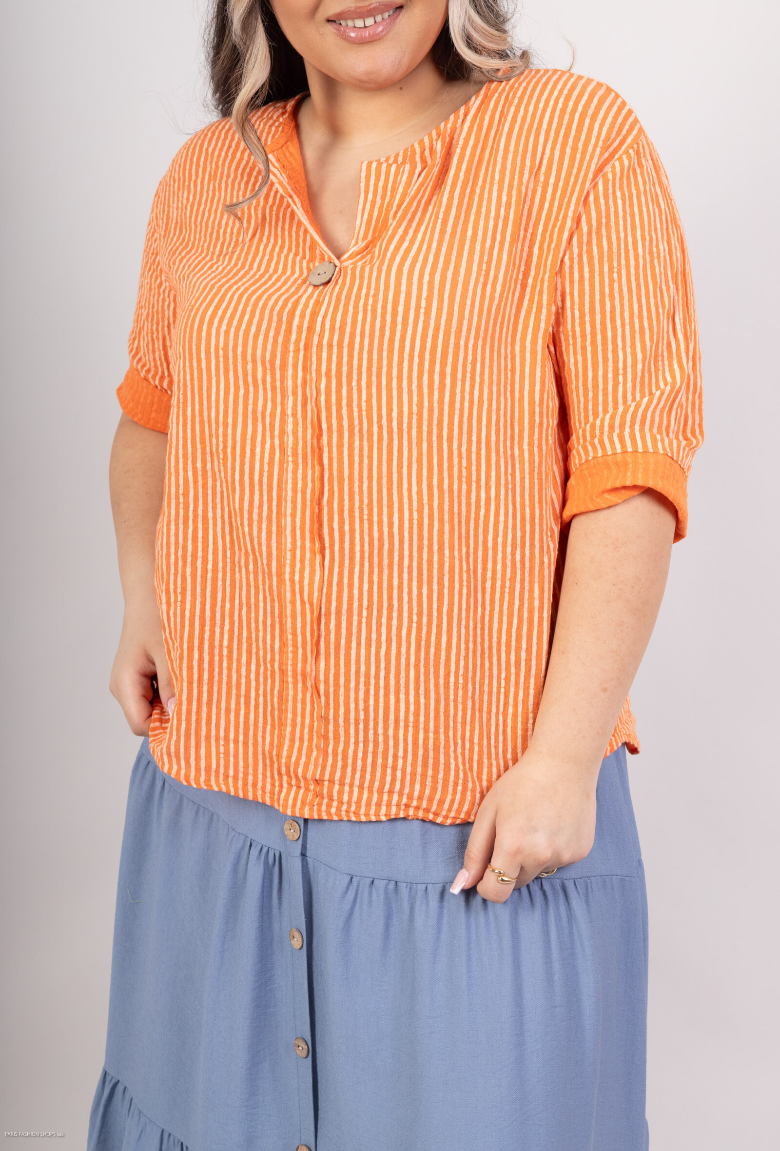 Grossiste D&L CREATION - Tunique en coton rayée aux manches mi longues T38 à T48