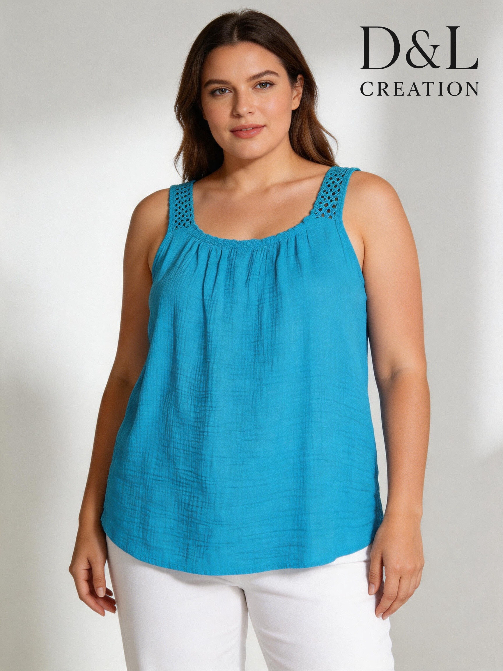 Grossista D&L CREATION - Top in doppia garza di cotone con spalline all'uncinetto, taglie 38 a 52