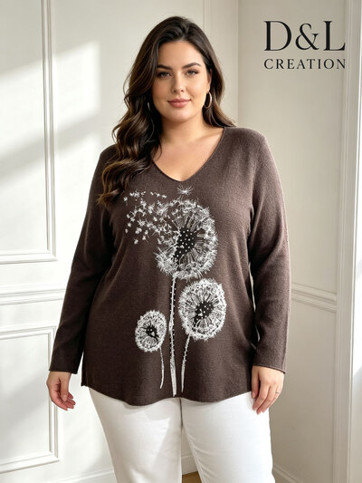 Grossiste D&L CREATION - Pull stretch imprimé pissenlits avec perles et strass T38 à T46 Grossiste D&L CREATION - Pull stretch imprimé pissenlits avec perles et strass T38 à T46