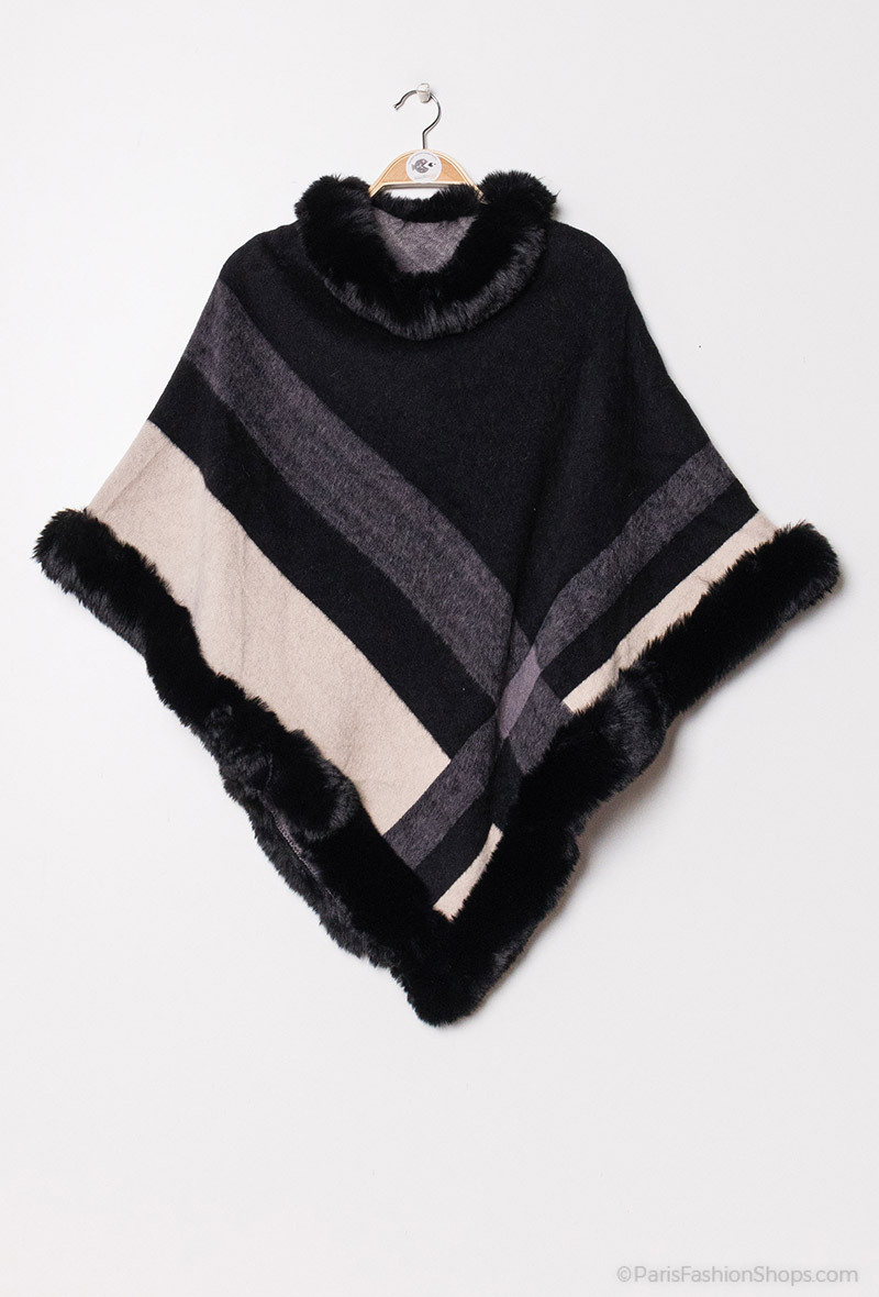 Grossiste Da Fashion - Poncho rayure avec bordure en fausse fourrure