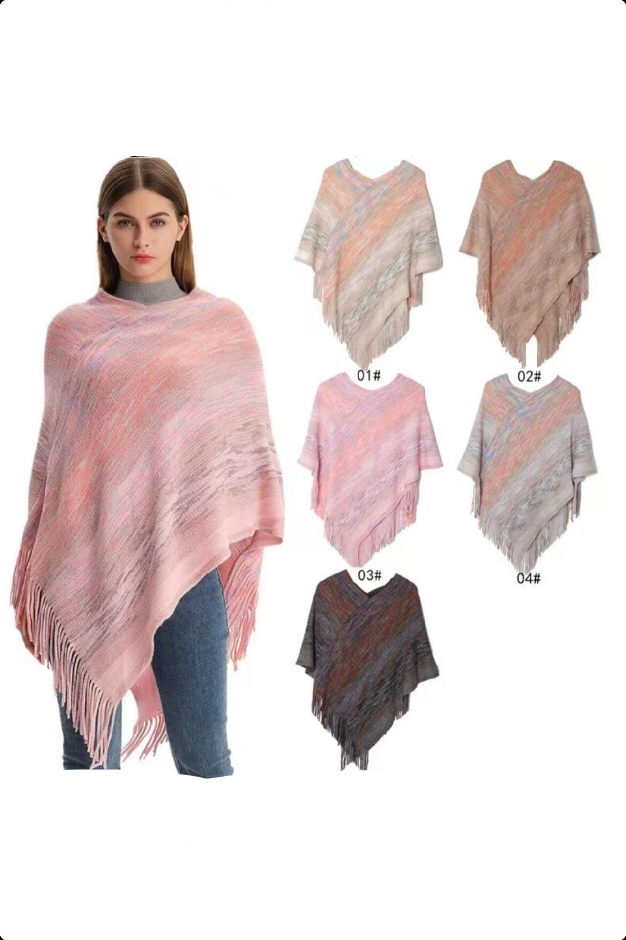 Grossiste Da Fashion - Poncho en maille rayé multicolore avec frange