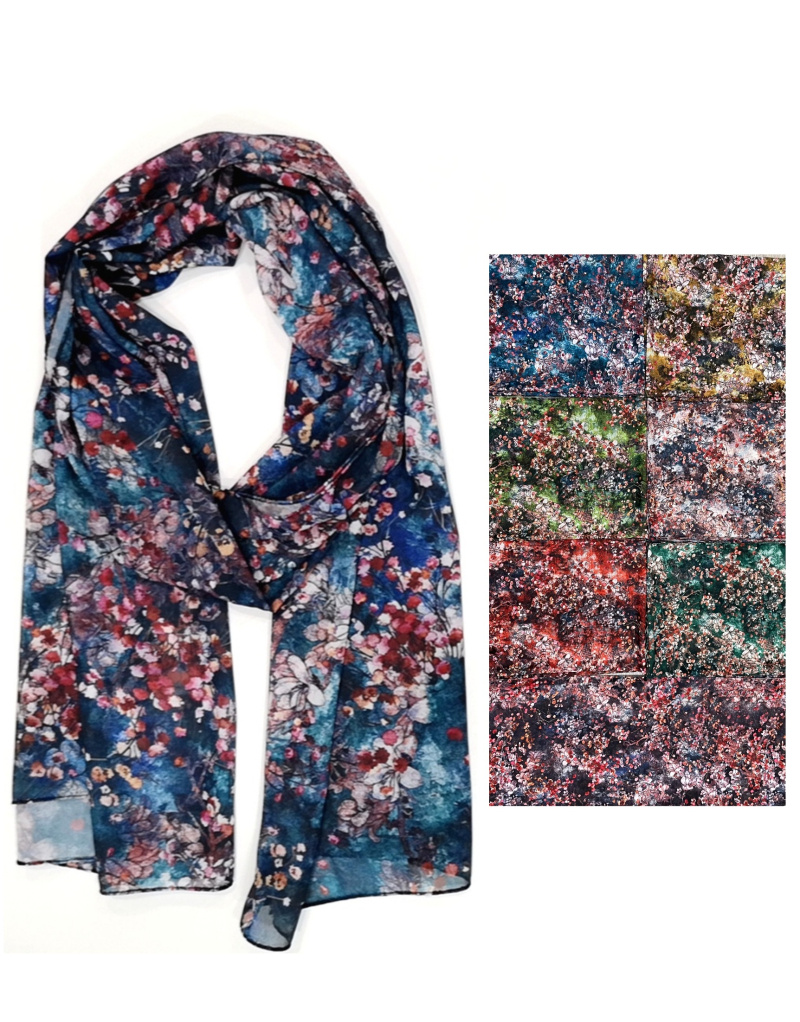 Grossiste Da Fashion - Echarpe viscose/soie fleur liberty coloris sombre