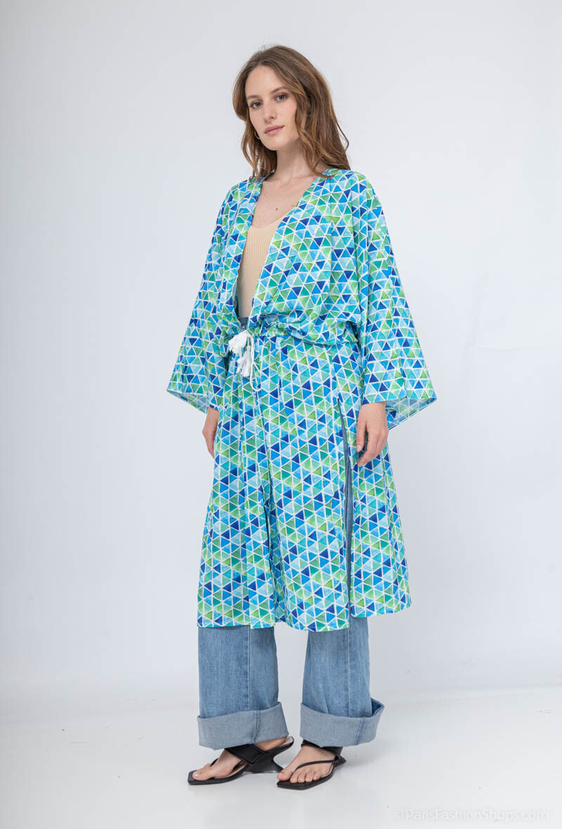 Nuisette / tunique ouvert impimé losange - Bleu - 2 - grand format