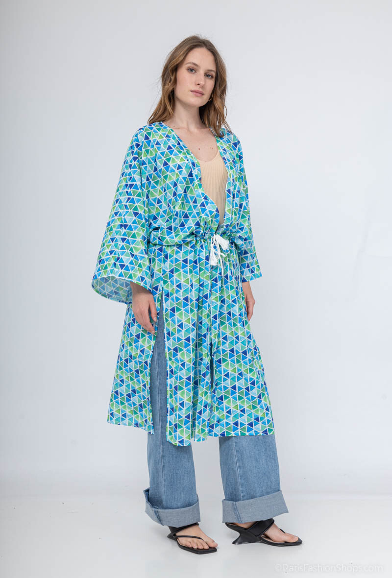 Nuisette / tunique ouvert impimé losange - Bleu - 3 - grand format