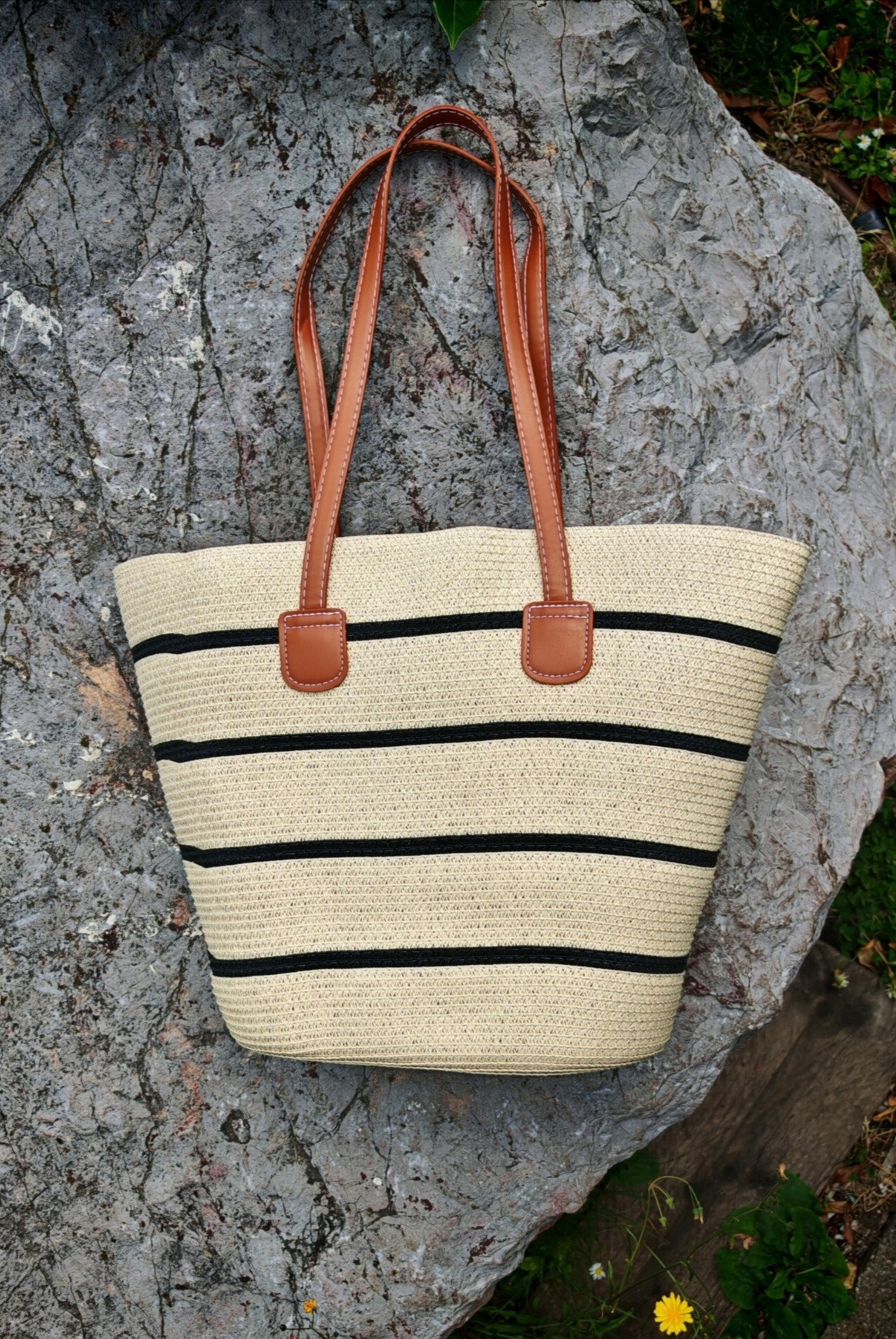 Grossiste Da Fashion - sac panier plage rayure noir