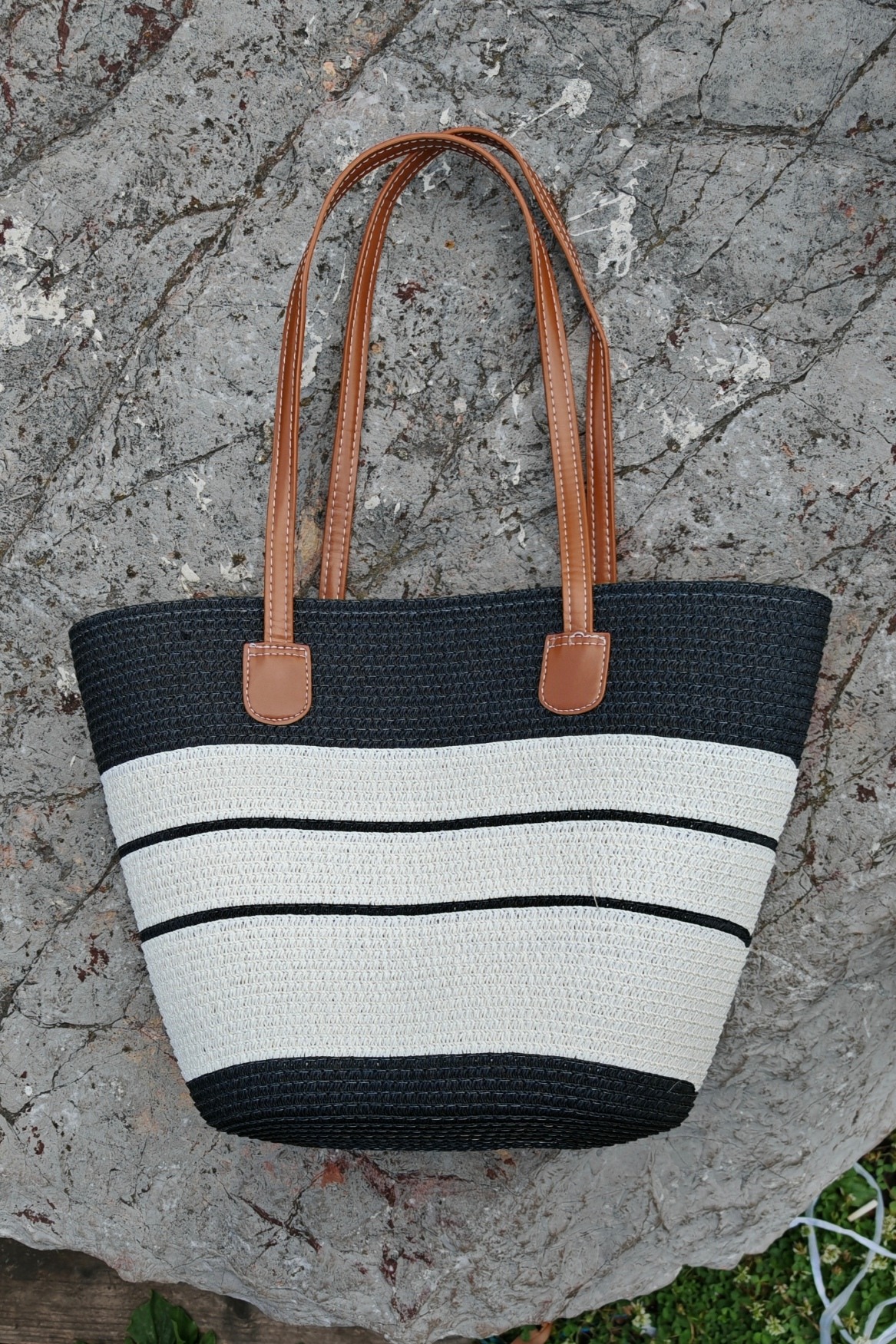 black striped beach basket bag