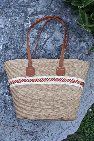 Grossiste Da Fashion - sac panier plage rayé beige Grossiste Da Fashion - sac panier plage rayé beige