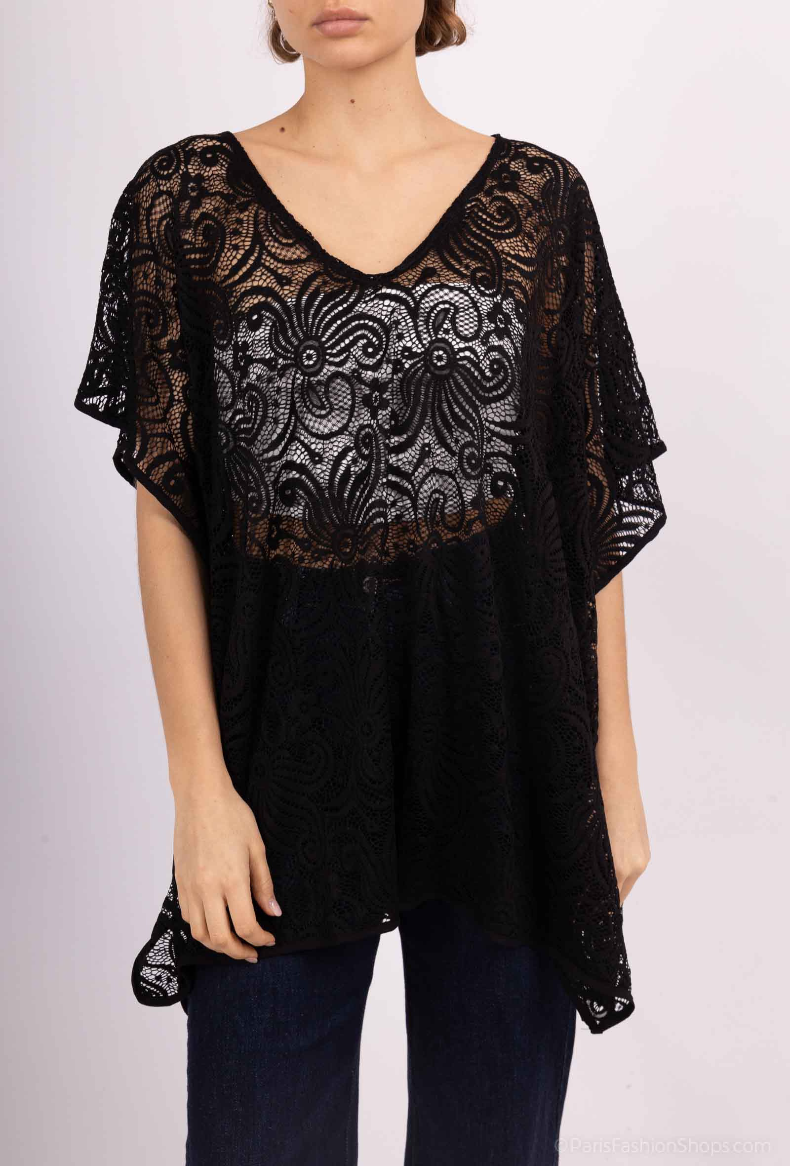 Grossiste Da Fashion - Haut crochet dentelle transparent noir et blanc