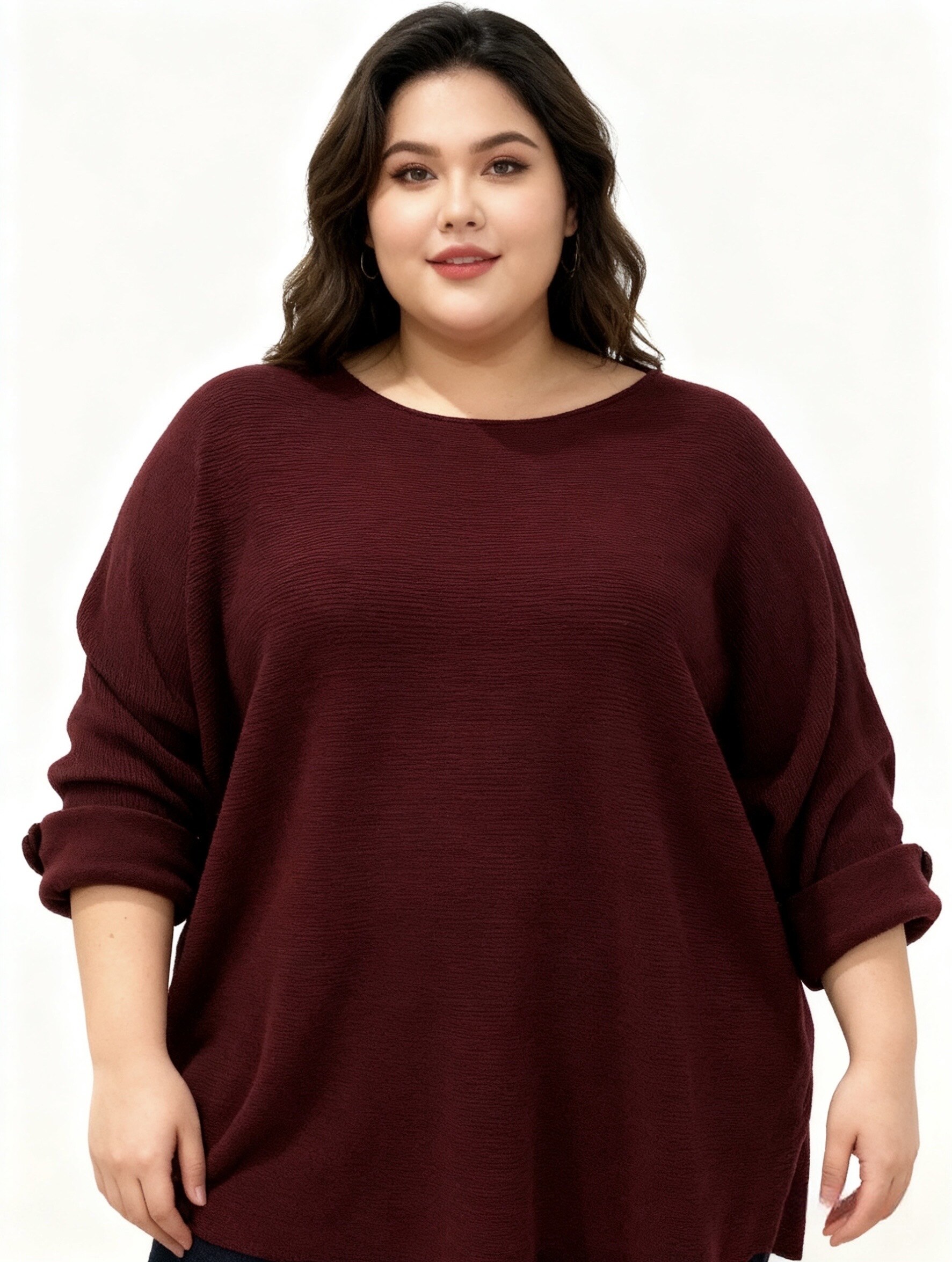 Plus size loose sweater, soft blend of polyester, polyamide, viscose, modal, and elastane, perfect for spring, made in China.