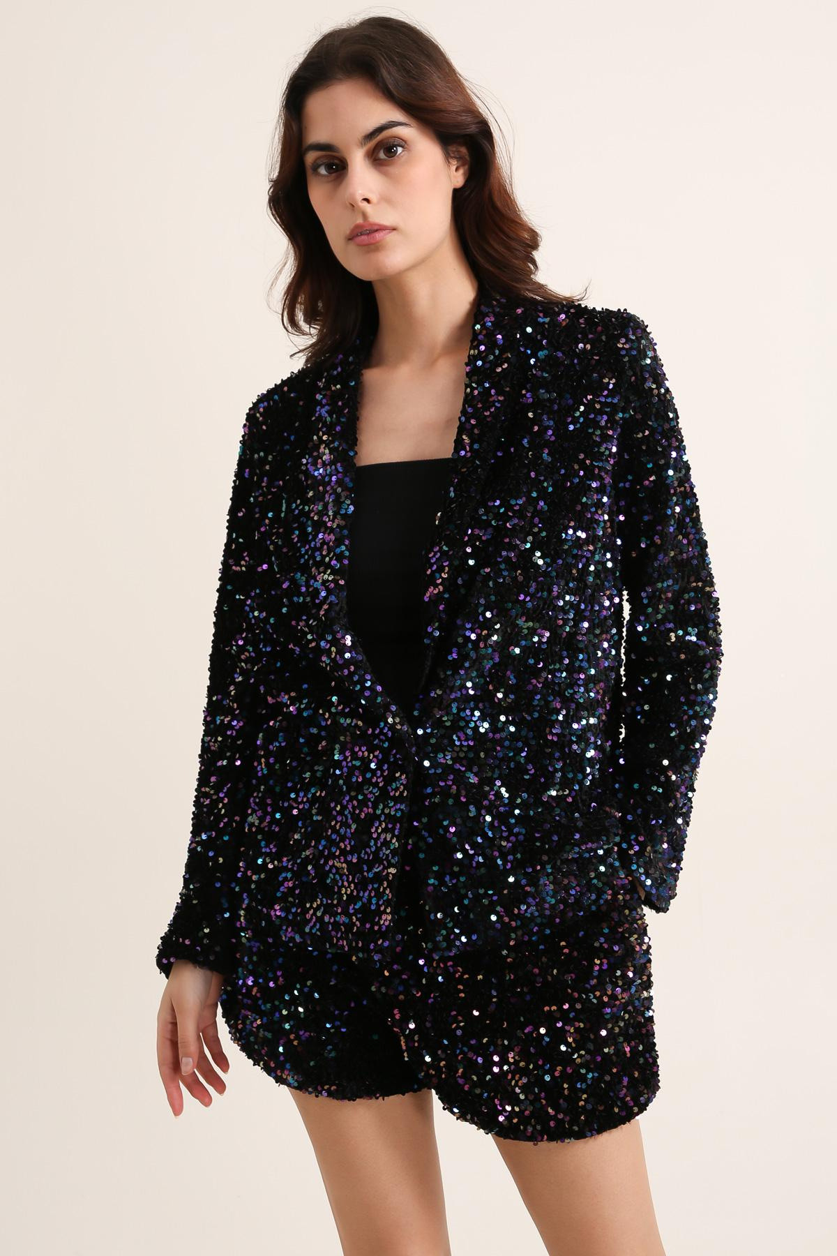 Wholesaler DAPHNEA - Women's velvet sequin blazer with long sleeves and straight cut – Elegant shiny evening blazer jacket