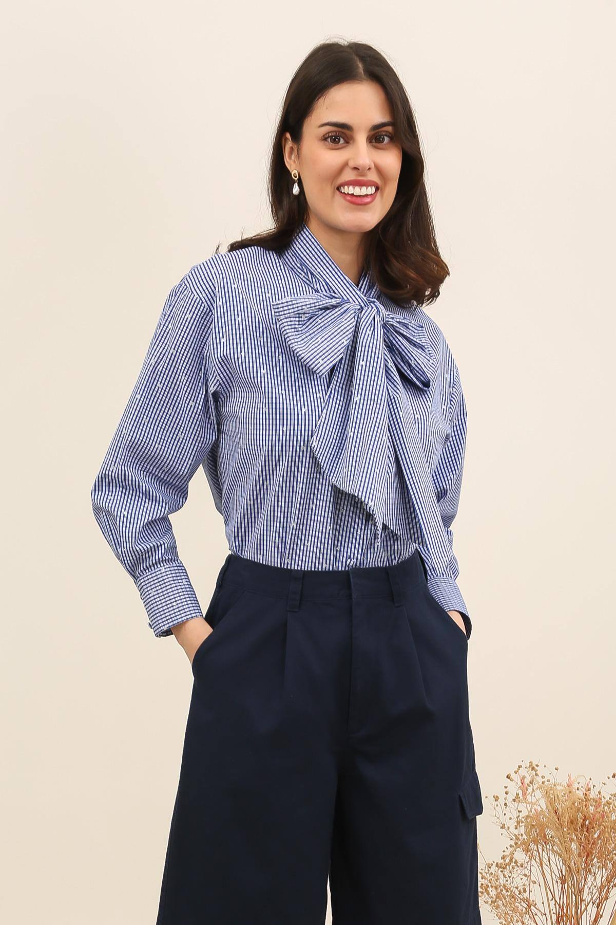 Wholesaler DAPHNEA - Women's checkered polka dot lurex blouse with lavallière collar, long sleeves, elegant chic office style