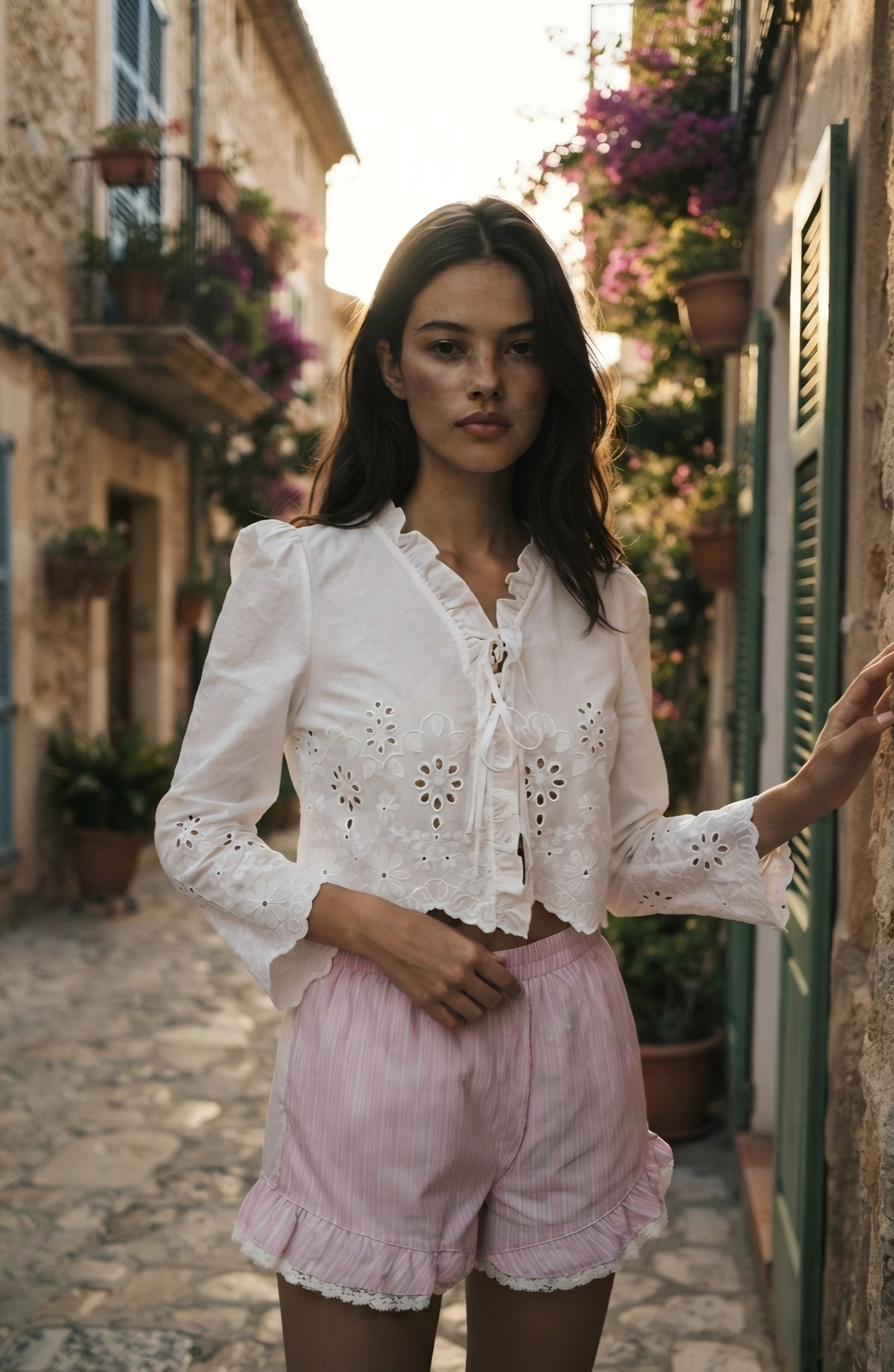 Grossista DAPHNEA - Blusa corta con ricamo inglese, volant e laccio