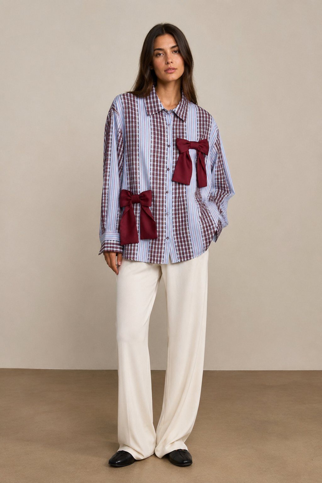 Grossista DAPHNEA - Camicia Donna Patchwork a Righe e Quadri con Fiocchi in Raso