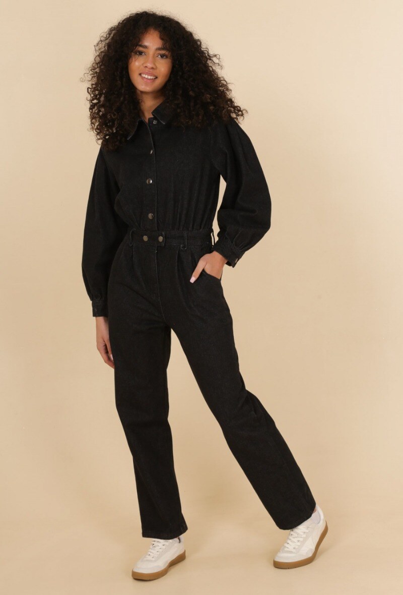 Großhändler DAPHNEA - Damen-Denim-Overall mit langen Ärmeln, Hemdkragen, elastischer Taille und geradem Schnitt