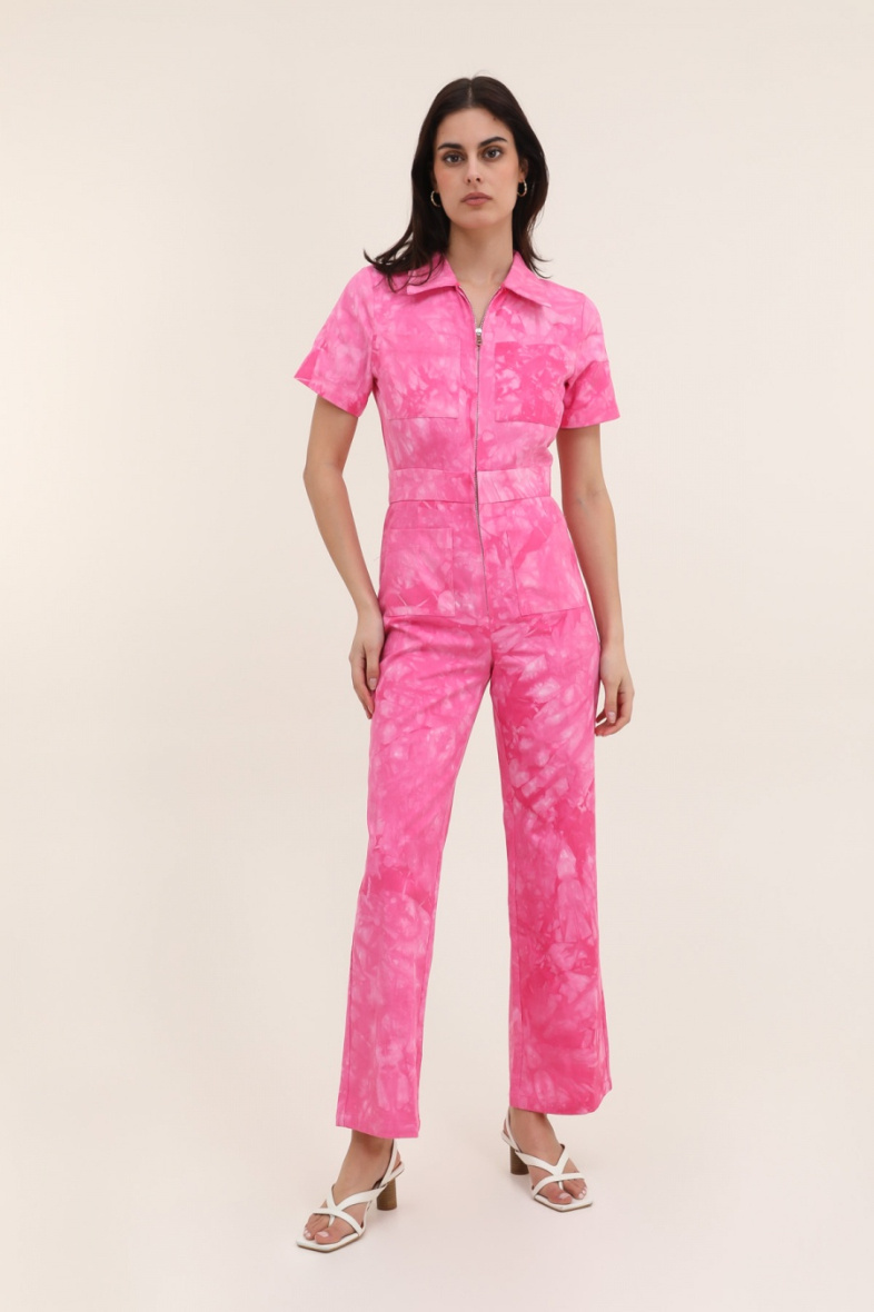 Wholesaler DAPHNEA - Women's tie-dye jumpsuit with short sleeves and zip