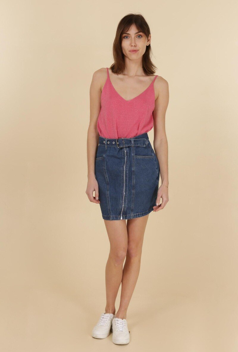 Wholesaler DAPHNEA - Zipped perfecto-style denim skirt + 2-pocket eyelet belt