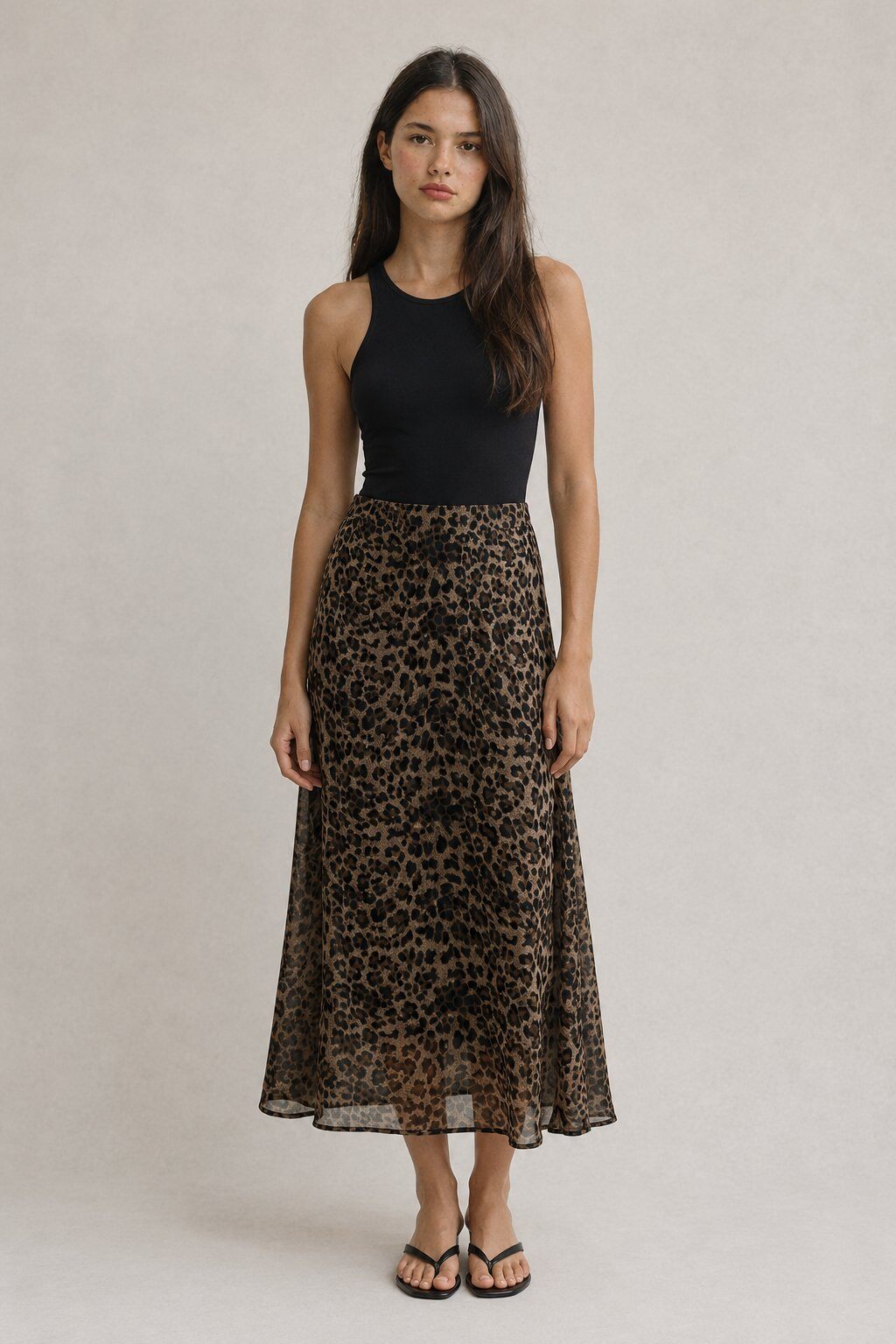 Mayorista DAPHNEA - Falda Larga de Mujer en Voile de Leopardo con Corte Acampanado y Cintura Alta