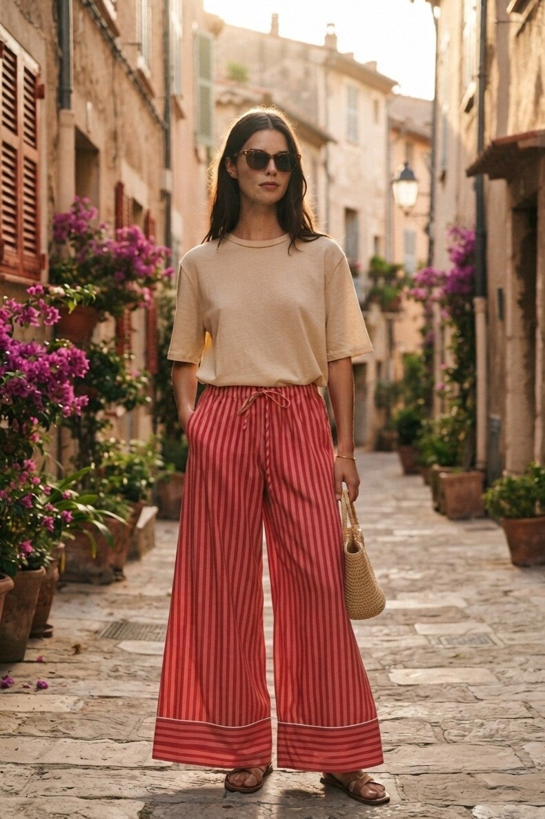 Grossista DAPHNEA - Pantaloni larghi da donna a righe con vita elastica e coulisse