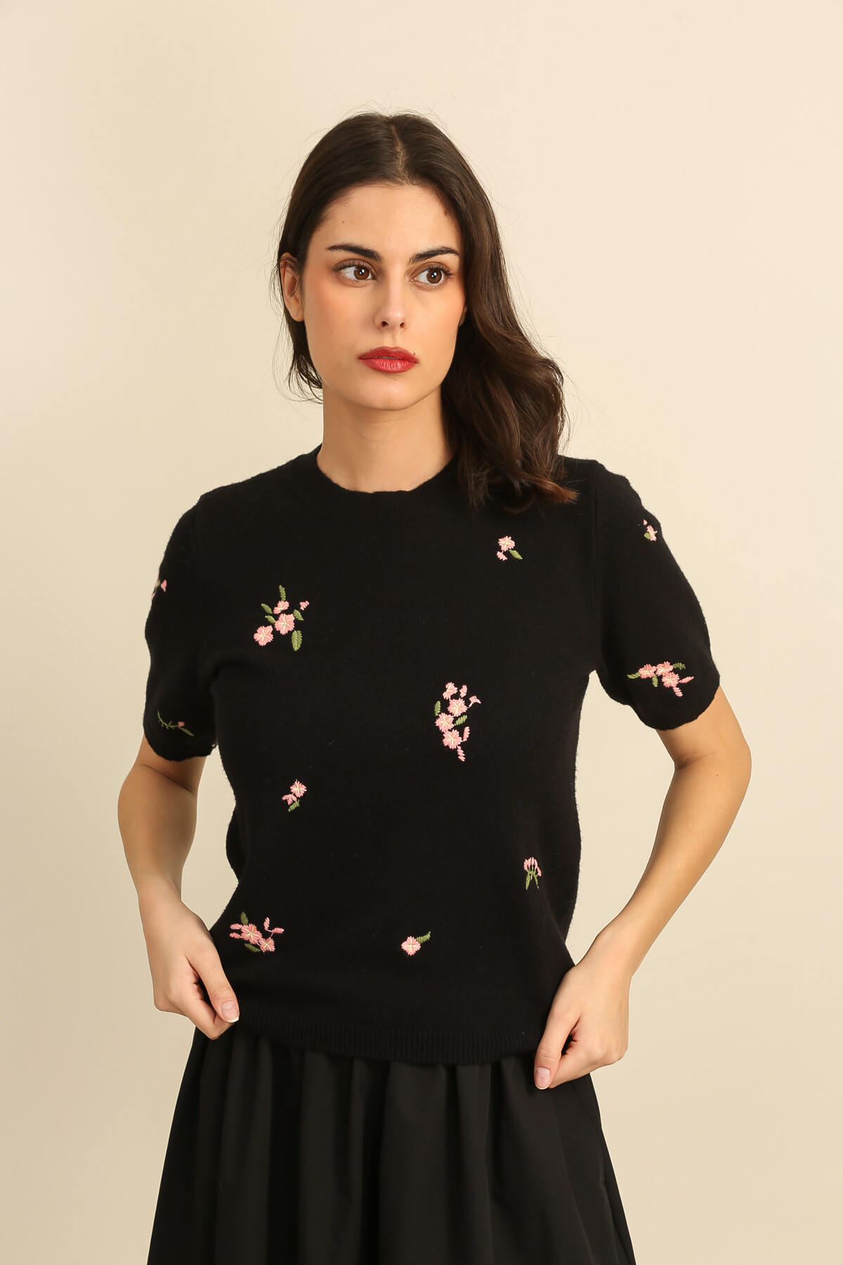 Grossiste DAPHNEA - Pull Femme Maille Fine Brodé Fleurs – Pull Manches Courtes Chic