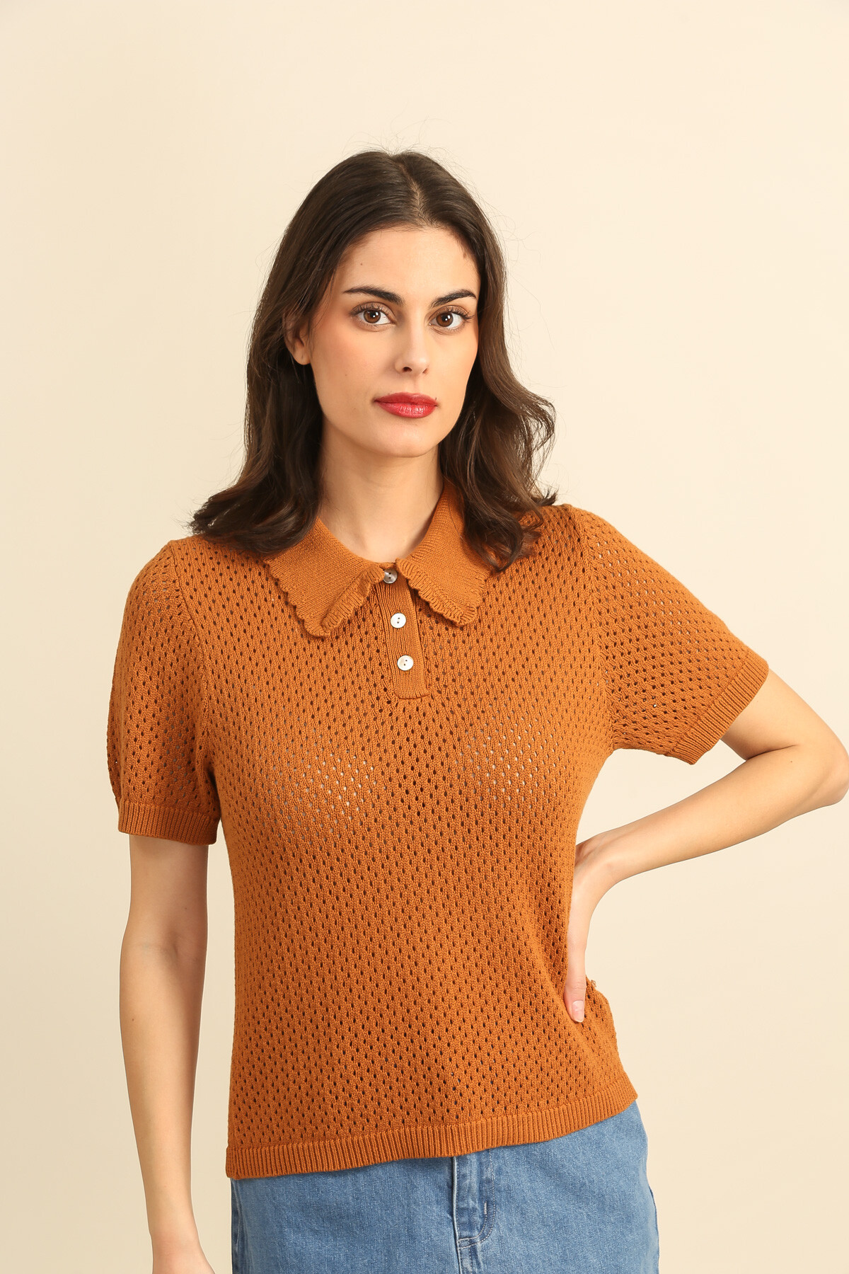 Wholesaler DAPHNEA - Women's openwork knit sweater with short sleeves and buttoned polo collar