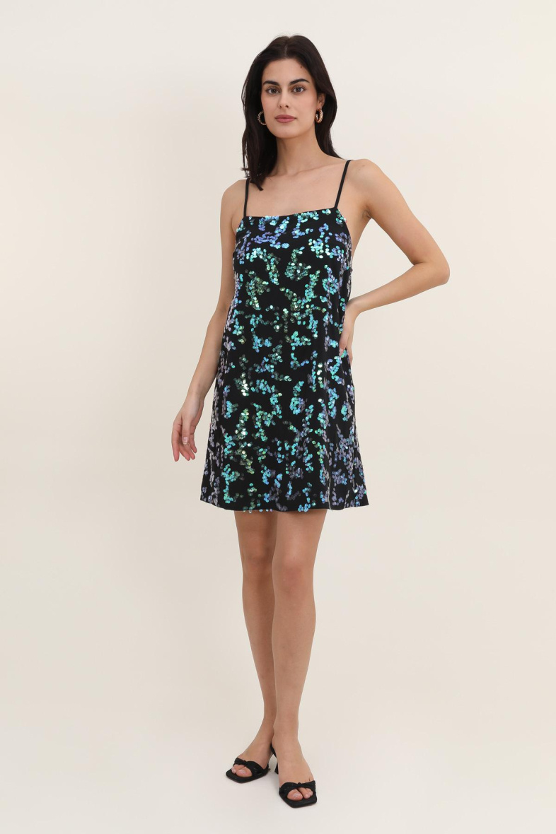 Wholesaler DAPHNEA - Women's short dress with thin straps and embroidered shell sequins