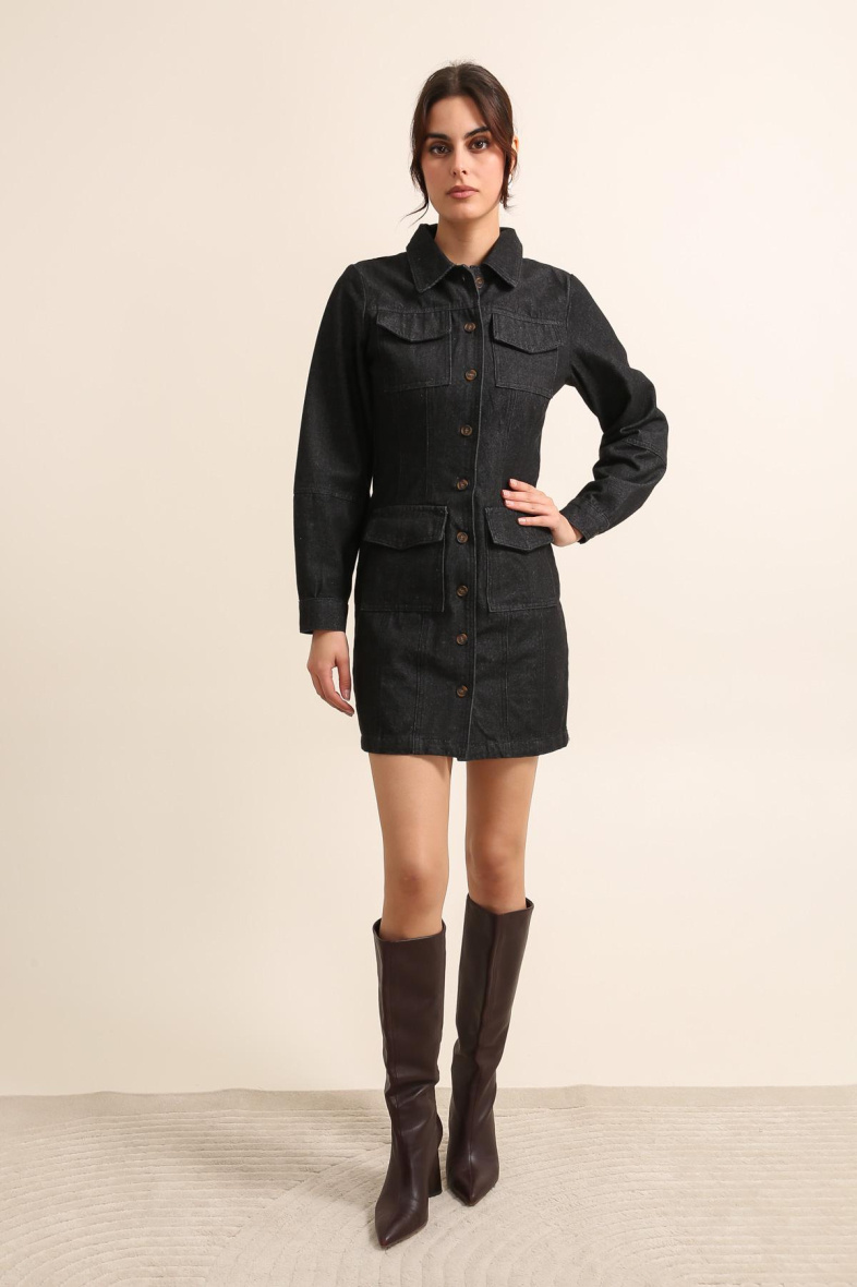 Wholesaler DAPHNEA - LEOPARD BUTTON DENIM DRESS