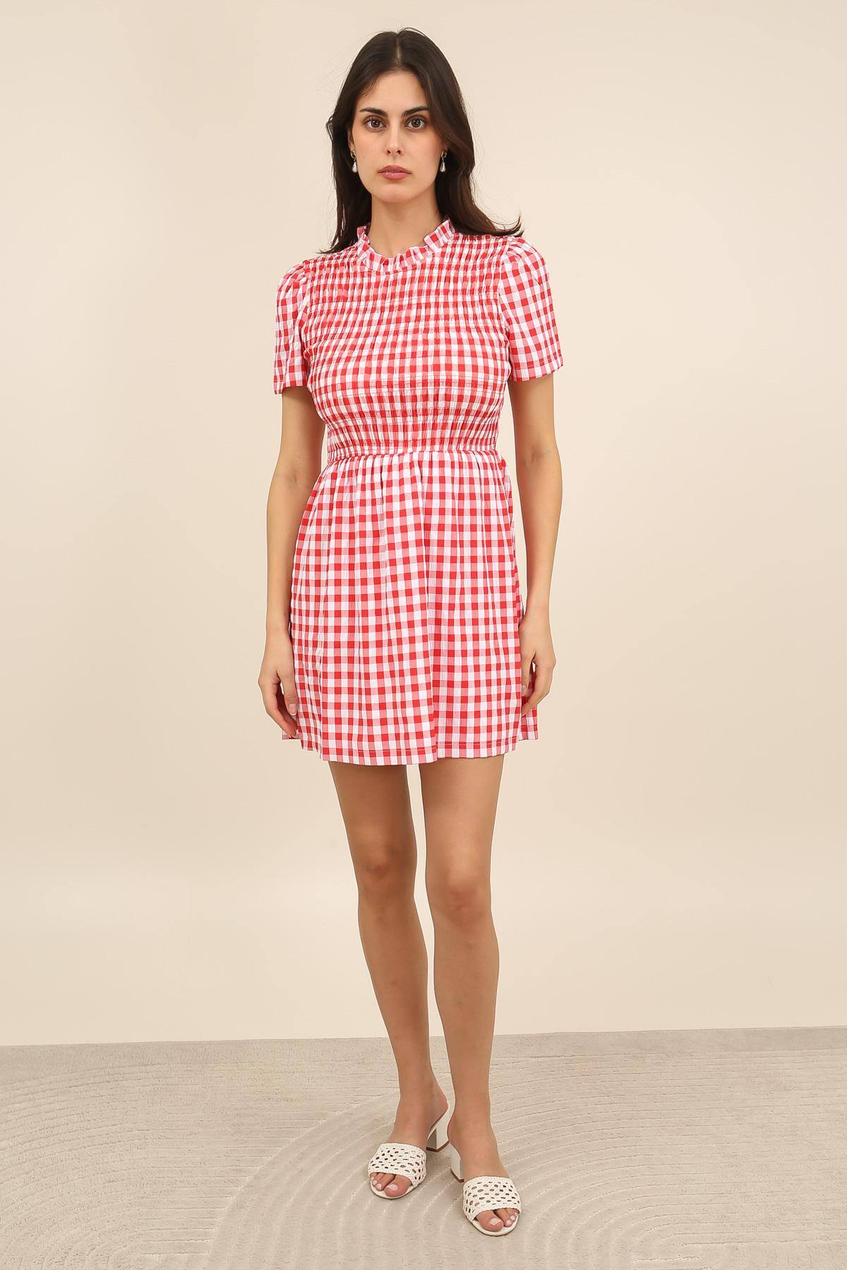 Mayorista DAPHNEA - Vestido corto de cuadros vichy con cuello con volantes y lazo en la espalda