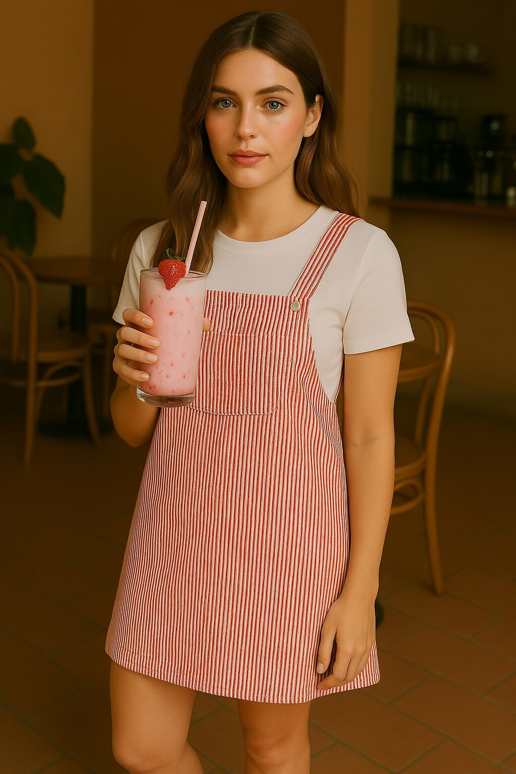 Short biege dress with thin vertical stripes
Adjustable straps with metal curls and kangaroo pocket on the bust
