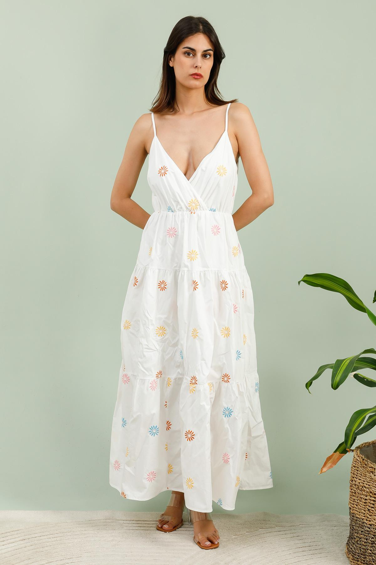 Großhändler DAPHNEA - Fließendes langes Kleid mit Blumenmuster und V-Ausschnitt