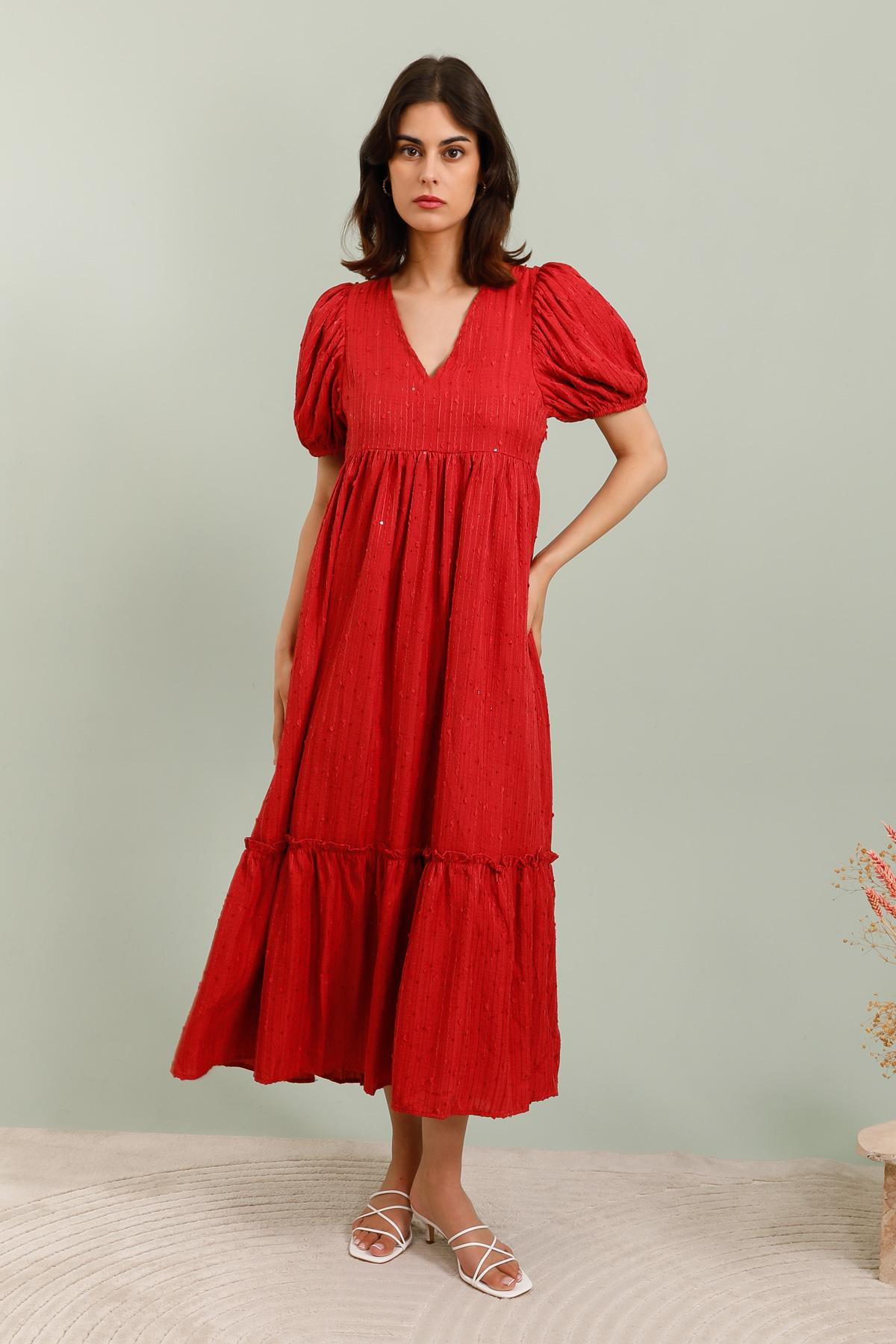 Wholesaler DAPHNEA - Long Dress with V-Neck and Puff Sleeves, Sequins