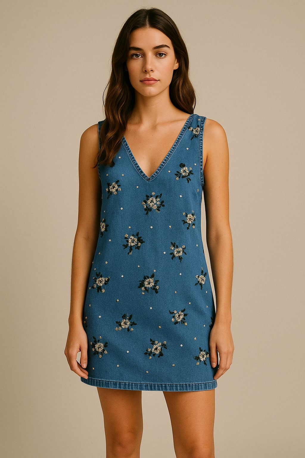 Wholesaler DAPHNEA - Short denim dress with pearls and sequins