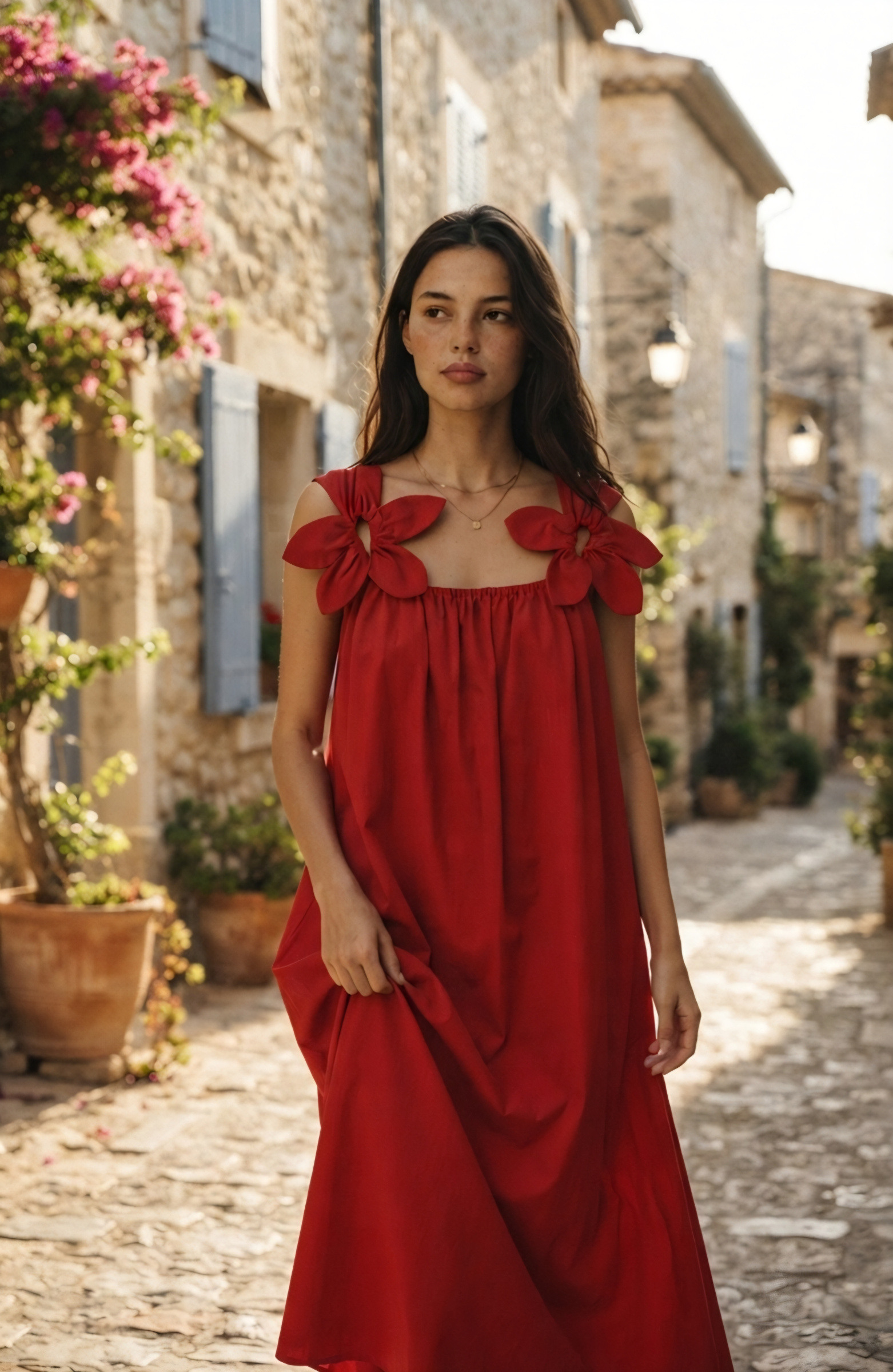 Grossiste DAPHNEA - Robe longue fluide à bretelles larges avec détails fleurs et encolure froncée